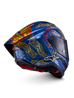 Alpinestars Supertech R10 Martinator Thai hjelm, full-face racinghjelm, blå og guld, kulfiberskal, FIM- og ECE-certificeret.