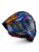 Alpinestars Supertech R10 Martinator Thai-hjelm i blank blå med gyldne mandalamønstre og bagspoiler.