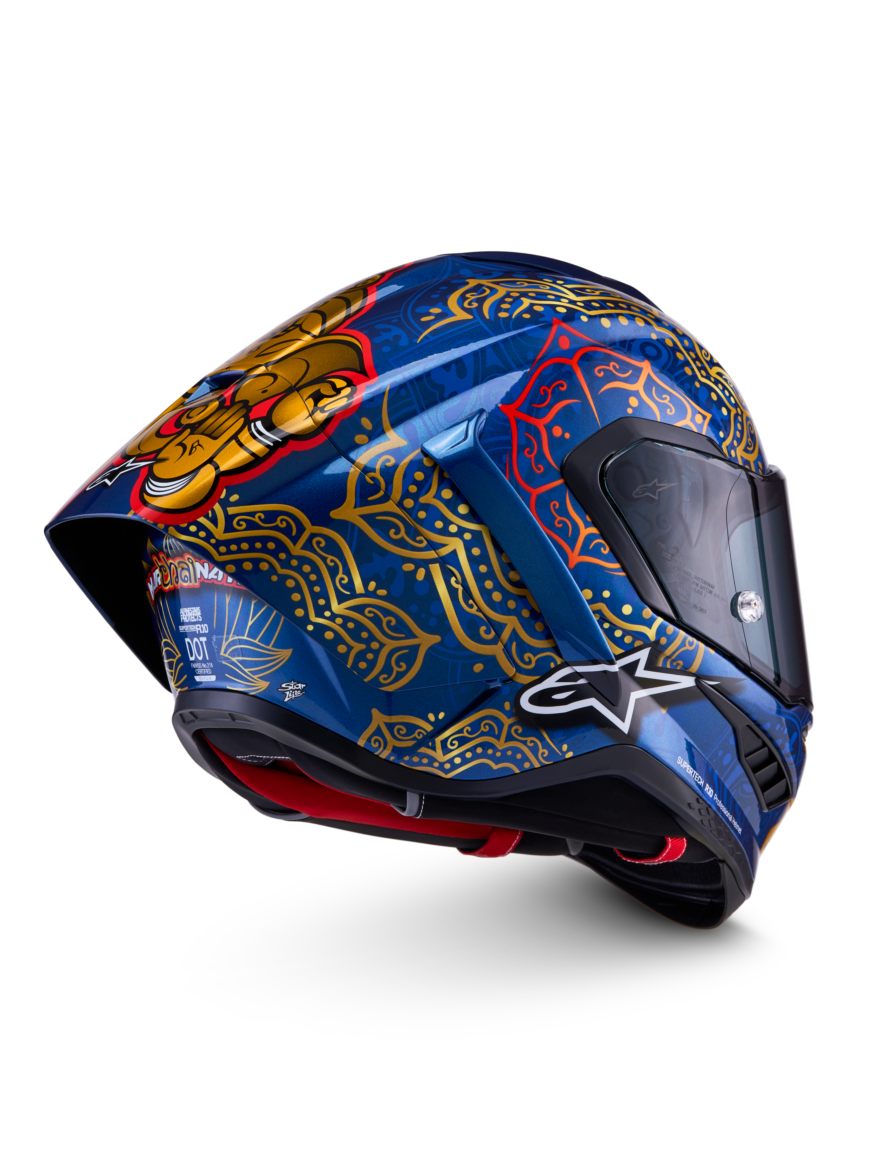 Alpinestars Supertech R10 Martinator Thai hjelm, full-face racinghjelm, blå og guld, kulfiberskal, FIM- og ECE-certificeret.