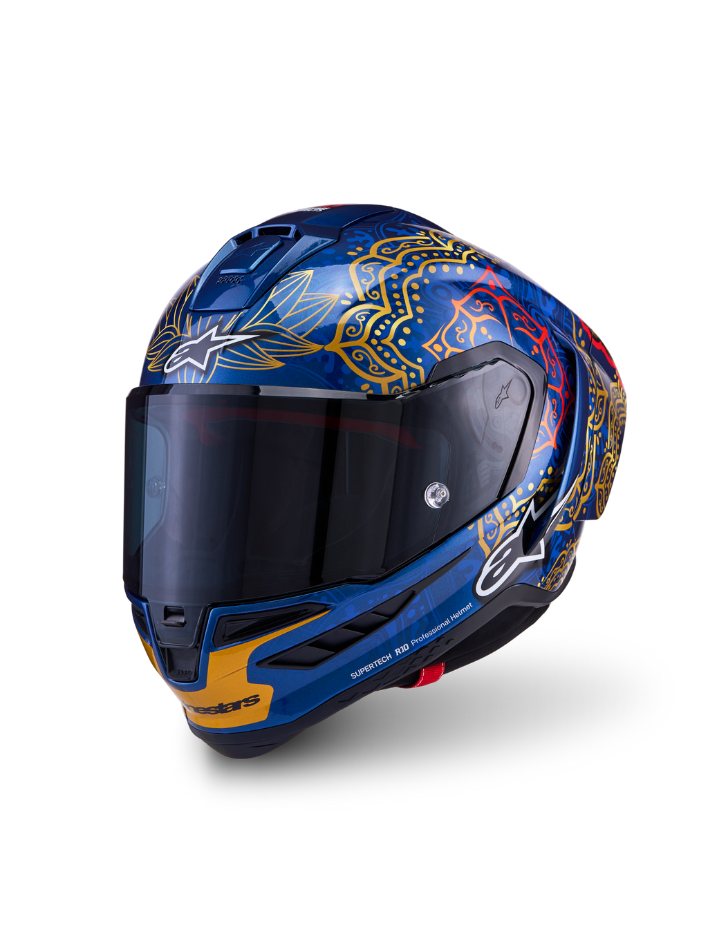 Alpinestars Supertech R10 Martinator Thai-hjelm, blank blå kulfiber racerhjelm med guldgrafik og mørkt visir.