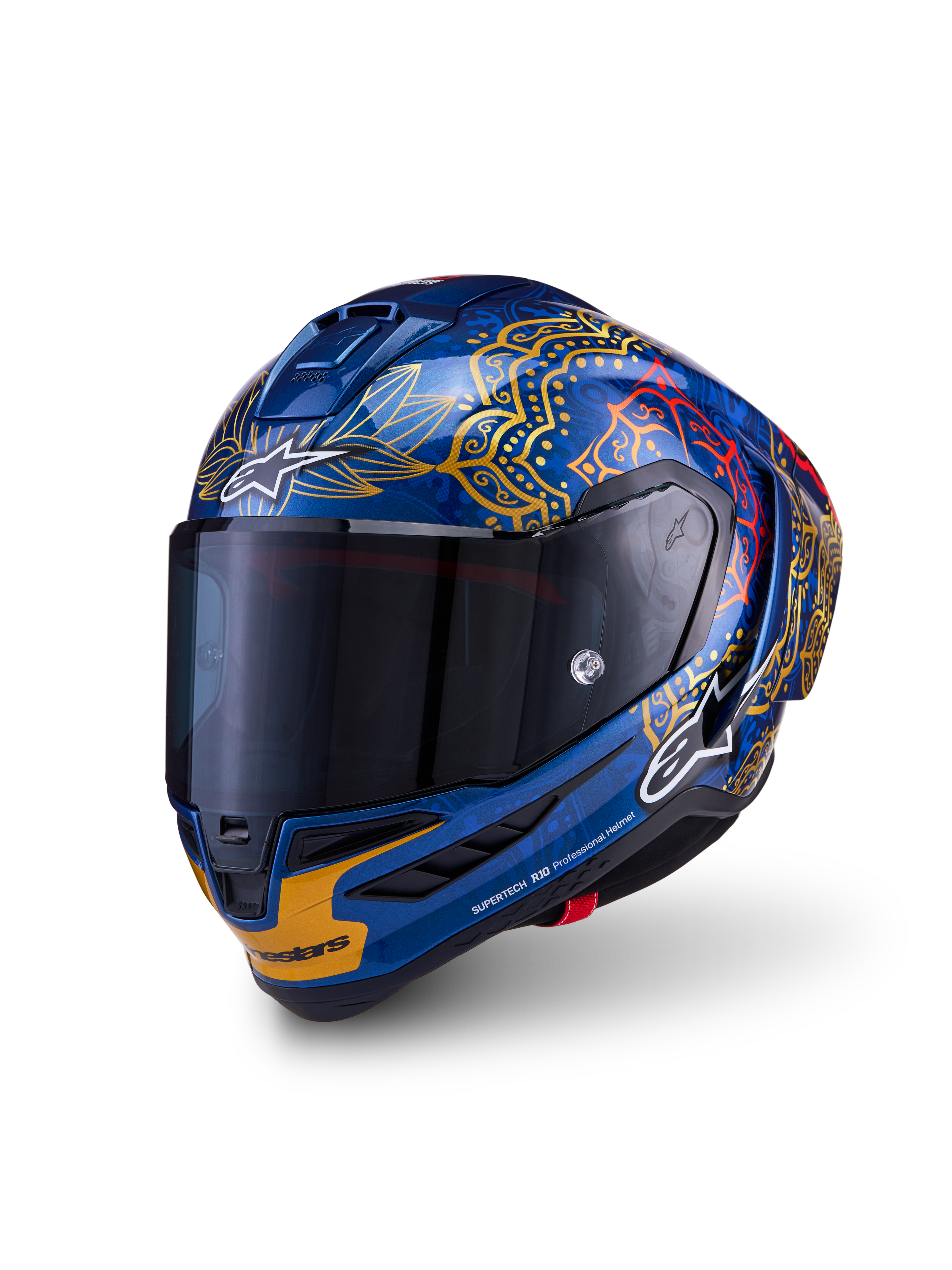 Alpinestars Supertech R10 Martinator Thai-hjelm, blank blå kulfiber racerhjelm med guldgrafik og mørkt visir.