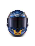 Alpinestars Supertech R10 Martinator Thai LE-hjelm i metallisk blå og guld kulfiber med et tonet visir set forfra.