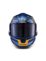 Alpinestars Supertech R10 Martinator Thai LE-hjelm i metallisk blå og guld kulfiber med et tonet visir set forfra.
