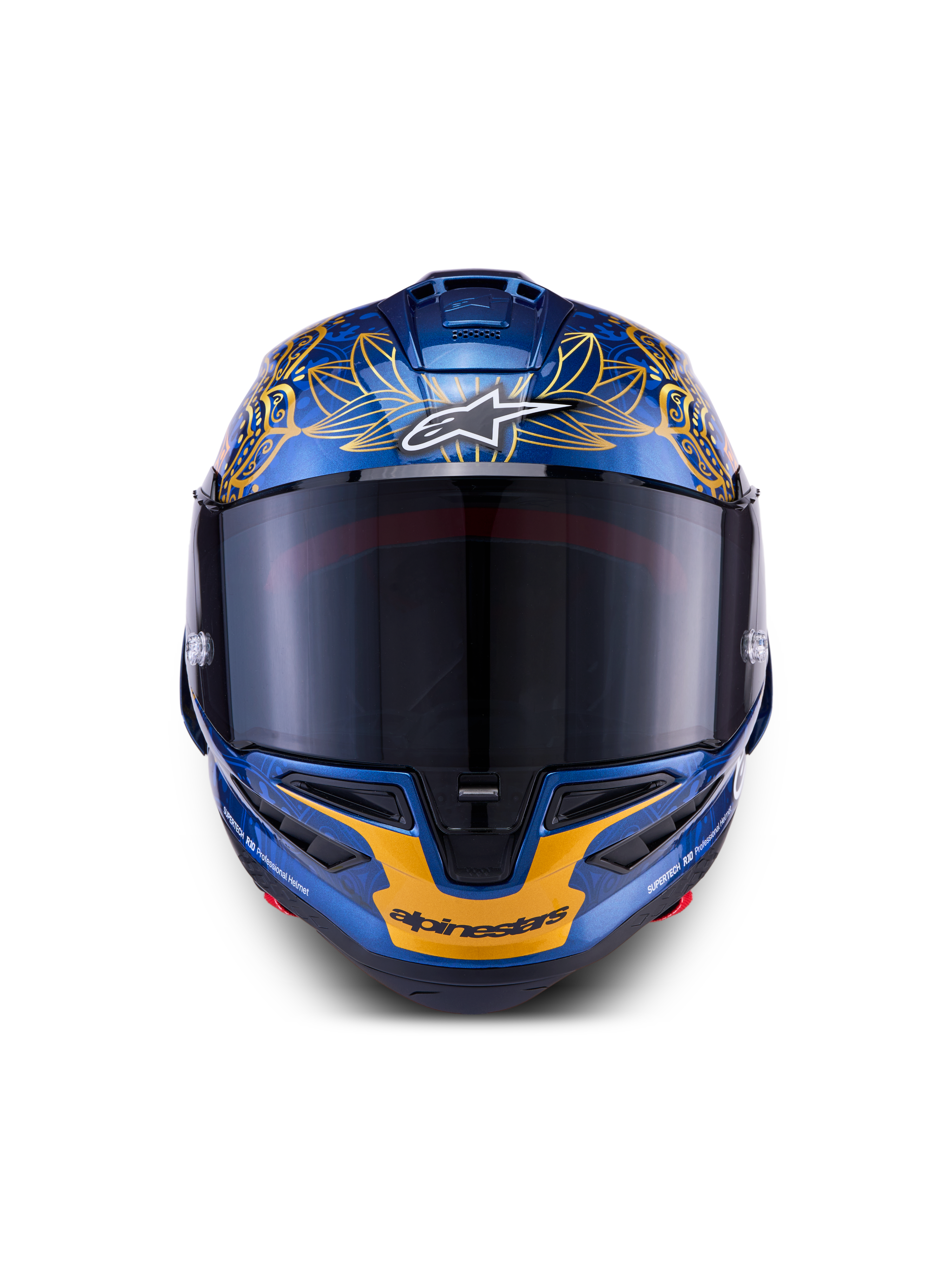 Alpinestars Supertech R10 Martinator Thai LE-hjelm i metallisk blå og guld kulfiber med et tonet visir set forfra.