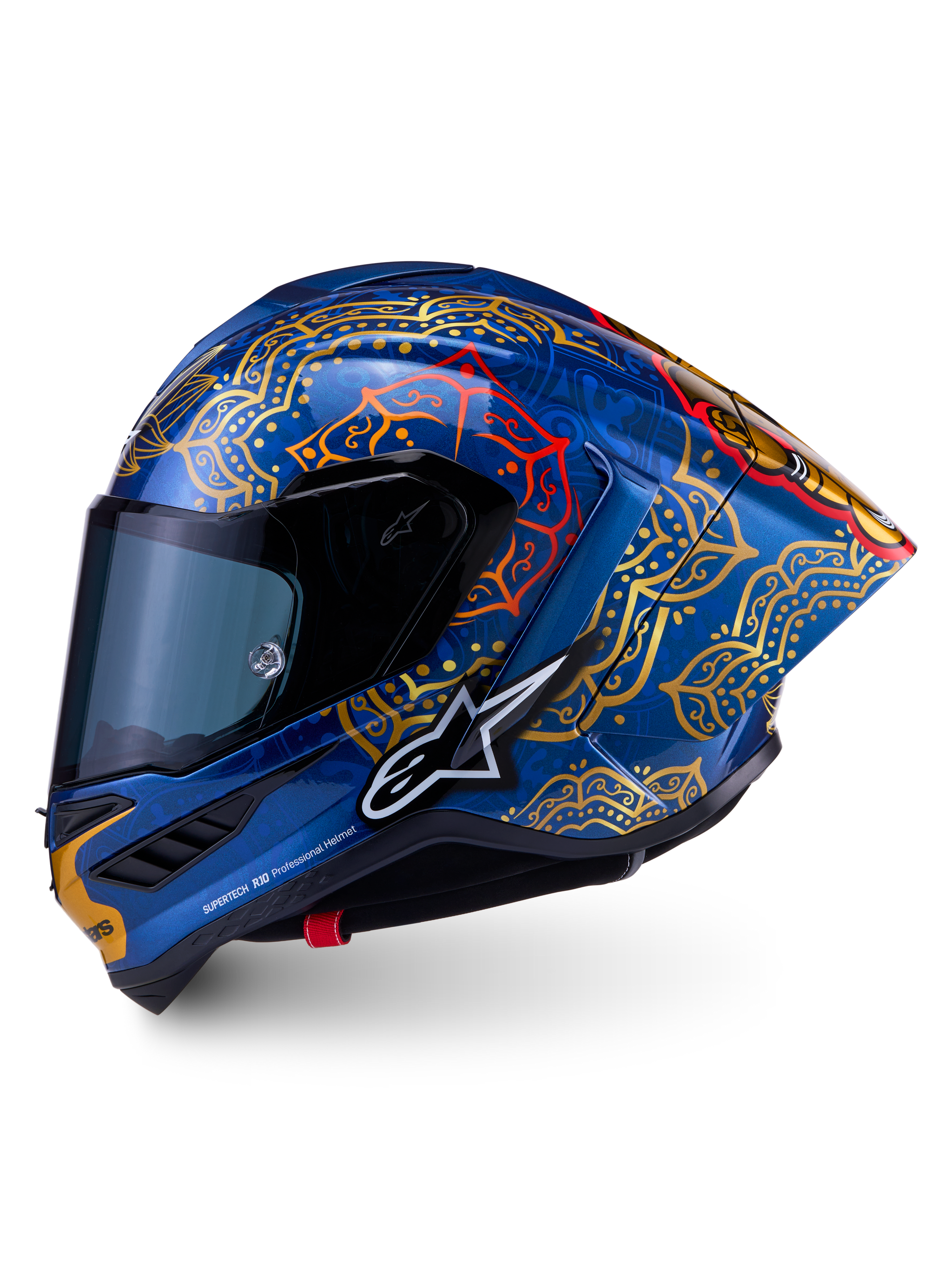 Supertech R10 Martinator Thai-hjelm i kulfiber, skinnende blå med mandala-grafik i guld og rød, set fra siden.