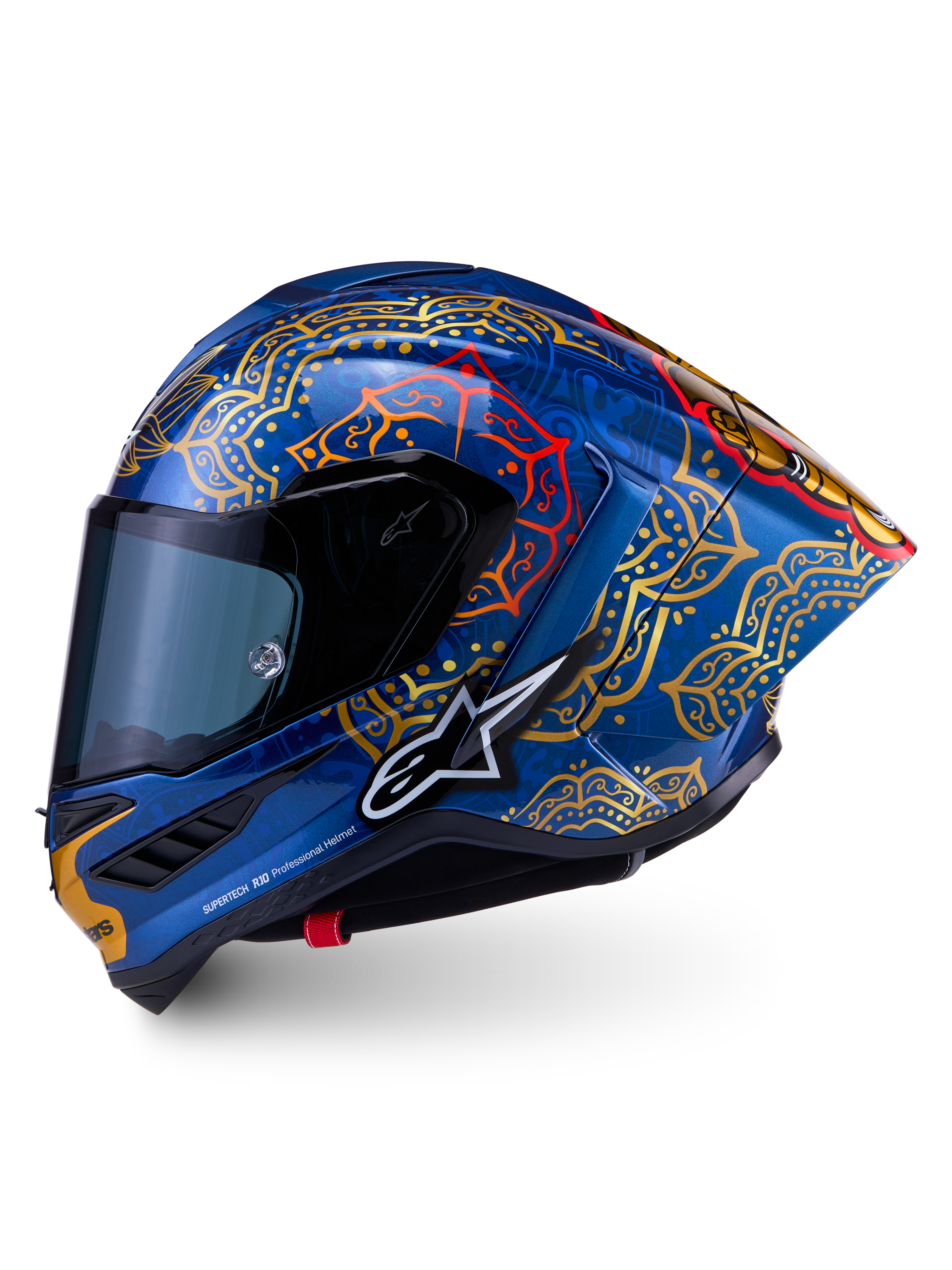Supertech R10 Martinator Thai-hjelm i kulfiber, skinnende blå med mandala-grafik i guld og rød, set fra siden.
