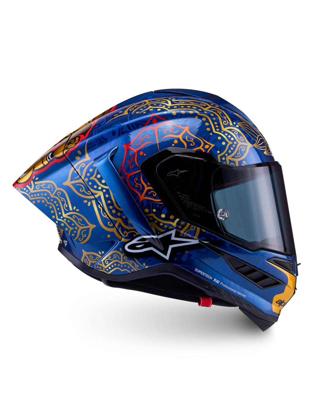 Alpinestars Supertech R10 Martinator Thai motorcykelhjelm i blå og guld kulfiber, MotoGP-racing og FIM-godkendt.