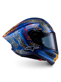 Alpinestars Supertech R10 Martinator Thai motorcykelhjelm i blå og guld kulfiber, MotoGP-racing og FIM-godkendt.