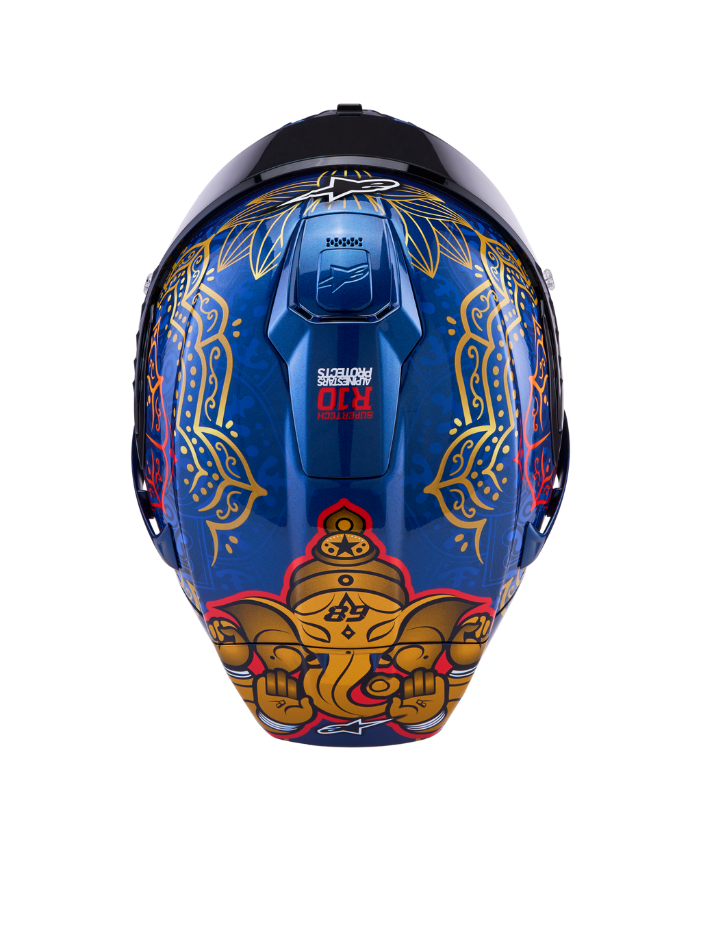 Supertech R10 Martinator Thai-hjelm, blank blå kulfiberskal med gylden elefantgrafik og detaljerede mønstre bagpå.