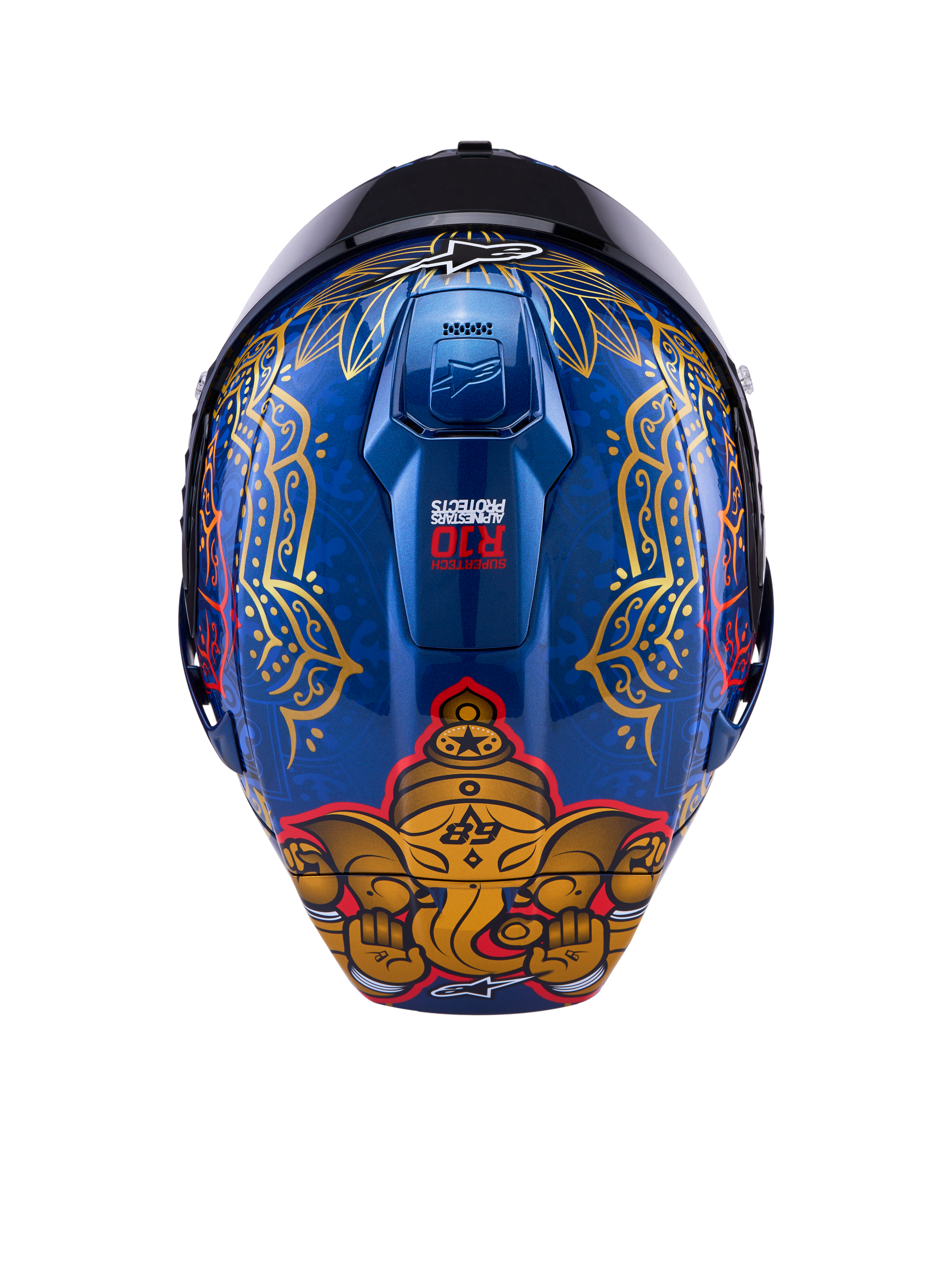 Supertech R10 Martinator Thai-hjelm, blank blå kulfiberskal med gylden elefantgrafik og detaljerede mønstre bagpå.