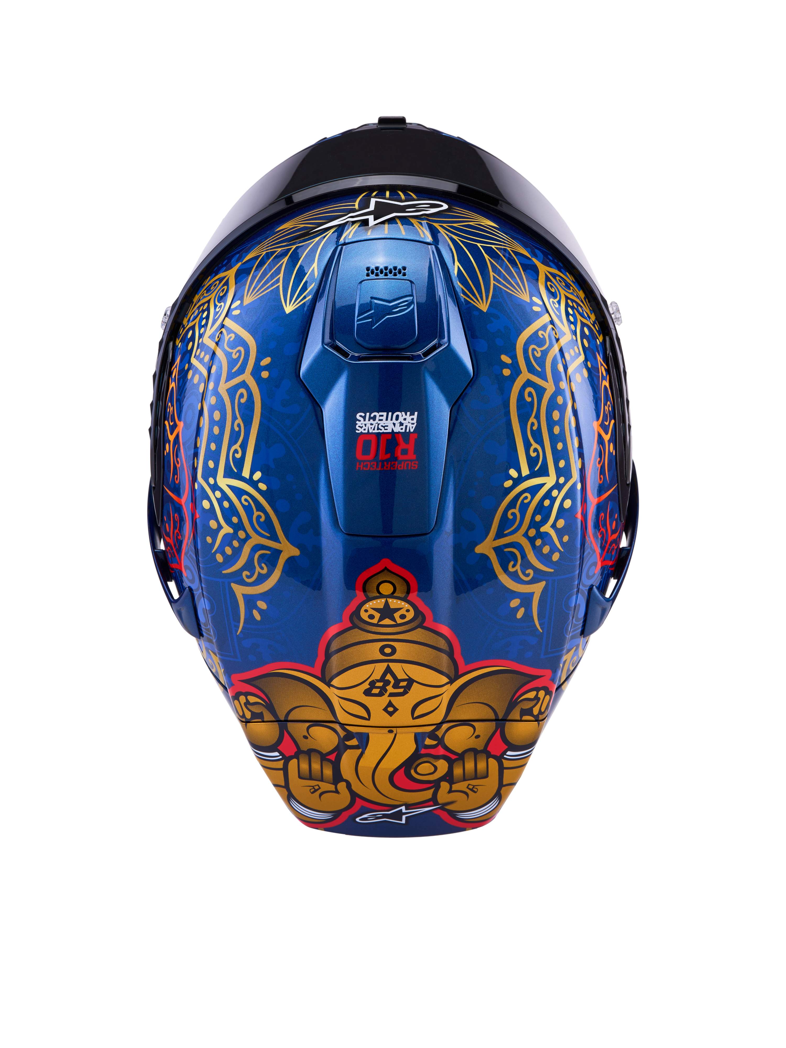 Supertech R10 Martinator Thai-hjelm, blank blå kulfiberskal med gylden elefantgrafik og detaljerede mønstre bagpå.