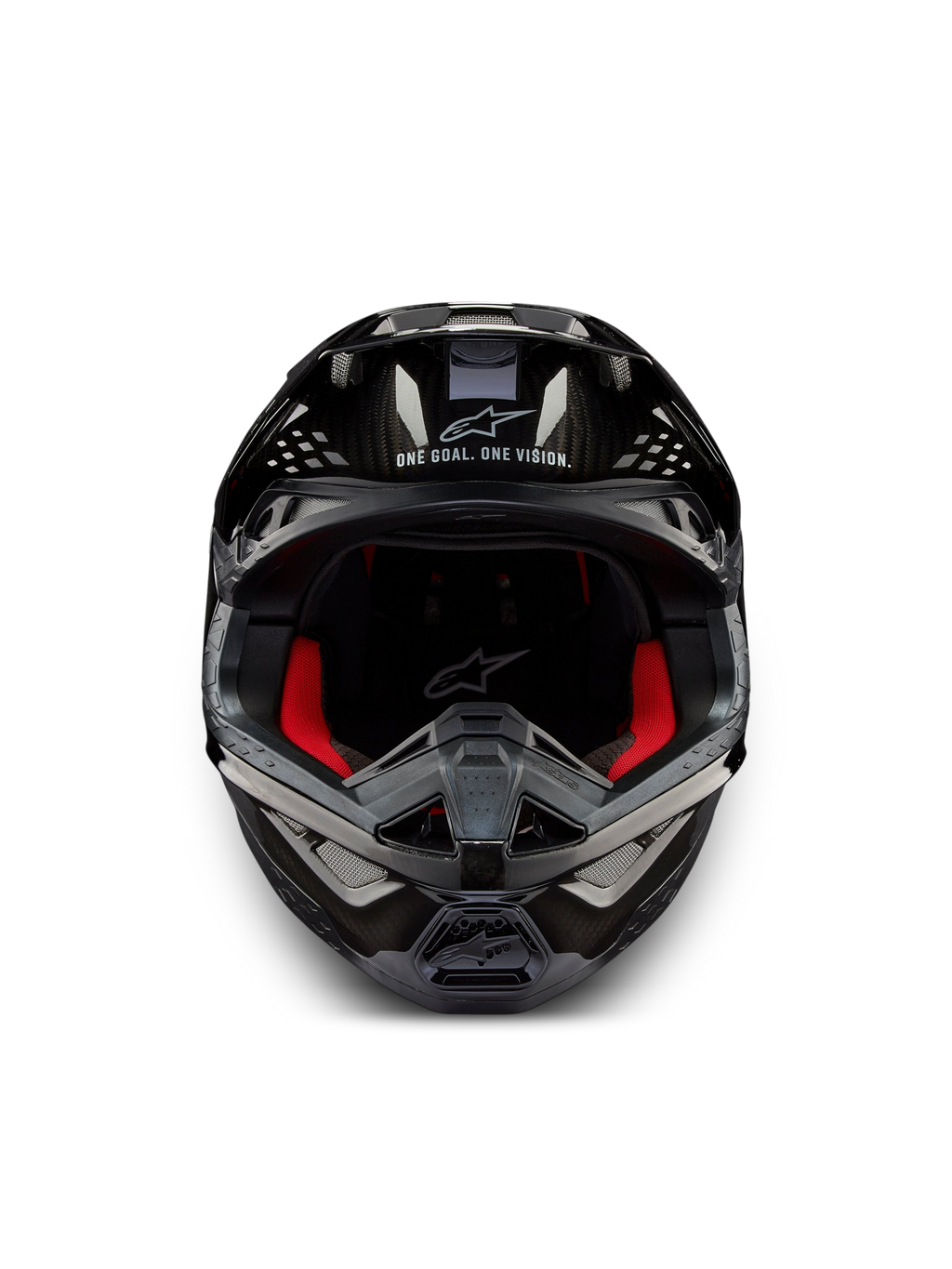 Alpinestars Supertech M10 Solid Hjelm ECE 22.06, sort blank kulfiber-motocrosshjelm set forfra med rød indvendig polstring og ventilationsåbninger