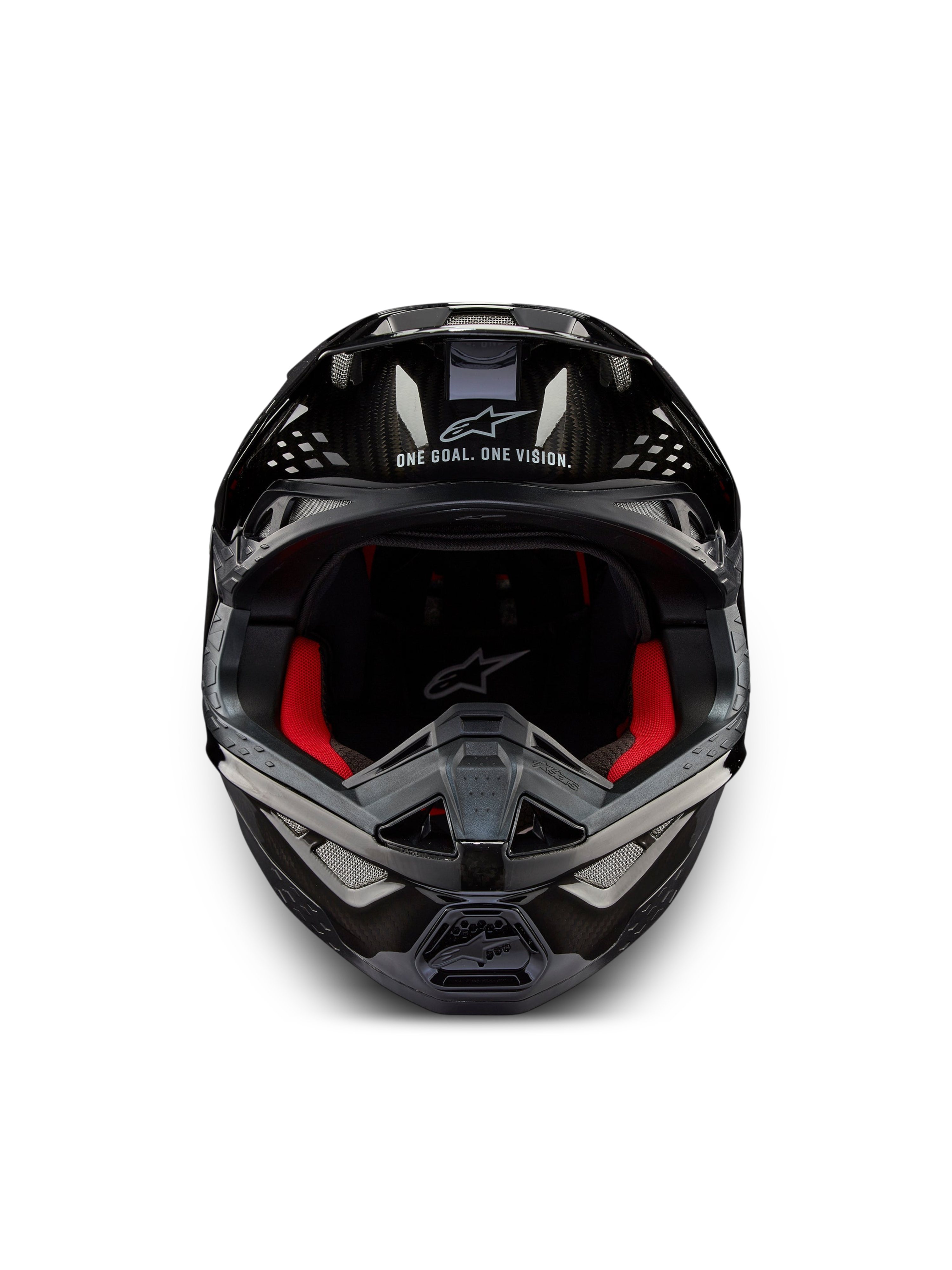 Alpinestars Supertech M10 Solid Hjelm ECE 22.06, sort blank kulfiber-motocrosshjelm set forfra med rød indvendig polstring og ventilationsåbninger