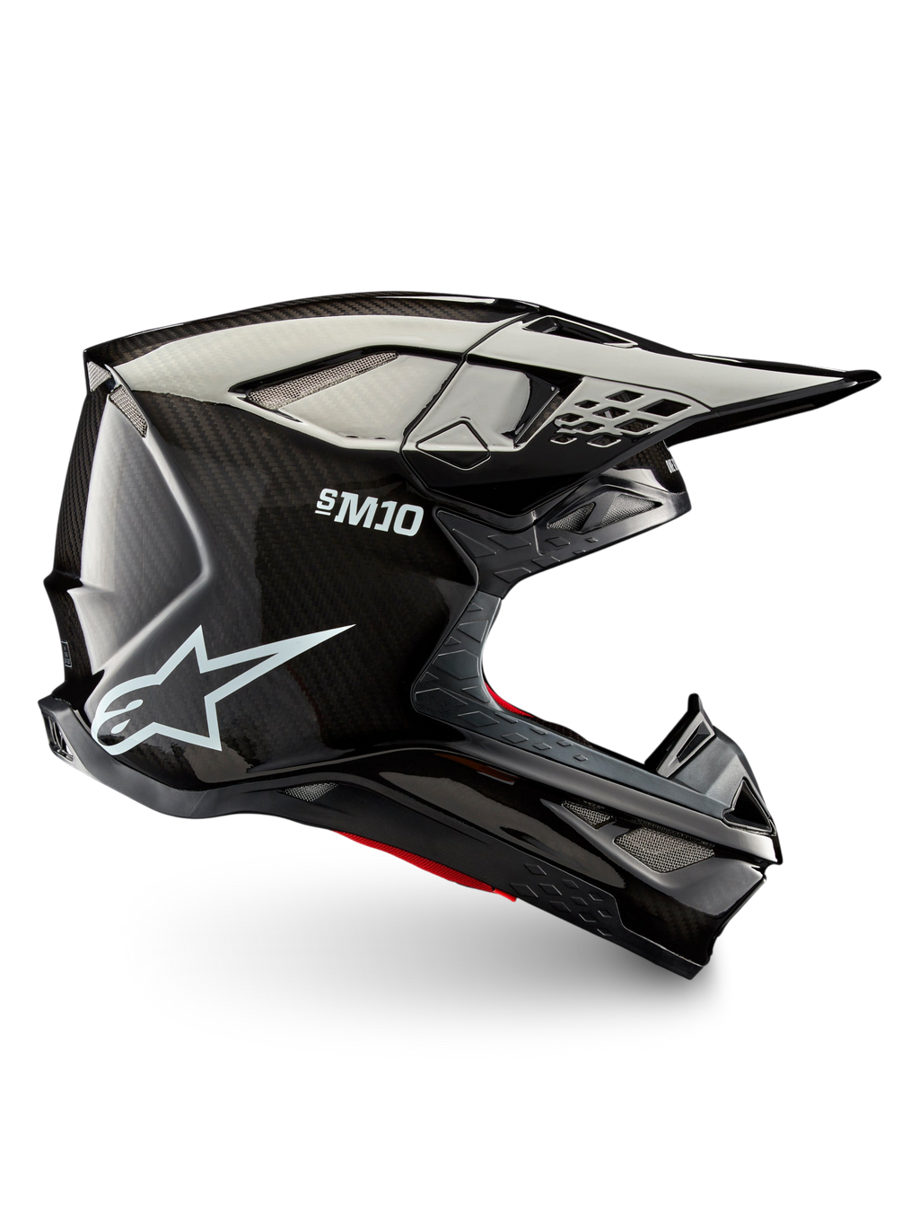 Alpinestars Supertech M10 Solid motocrosshjelm, sort blank kulfiber, sideprofil med kulfiberskal, skyggevisir og ventilationsporte til off-road-kørsel