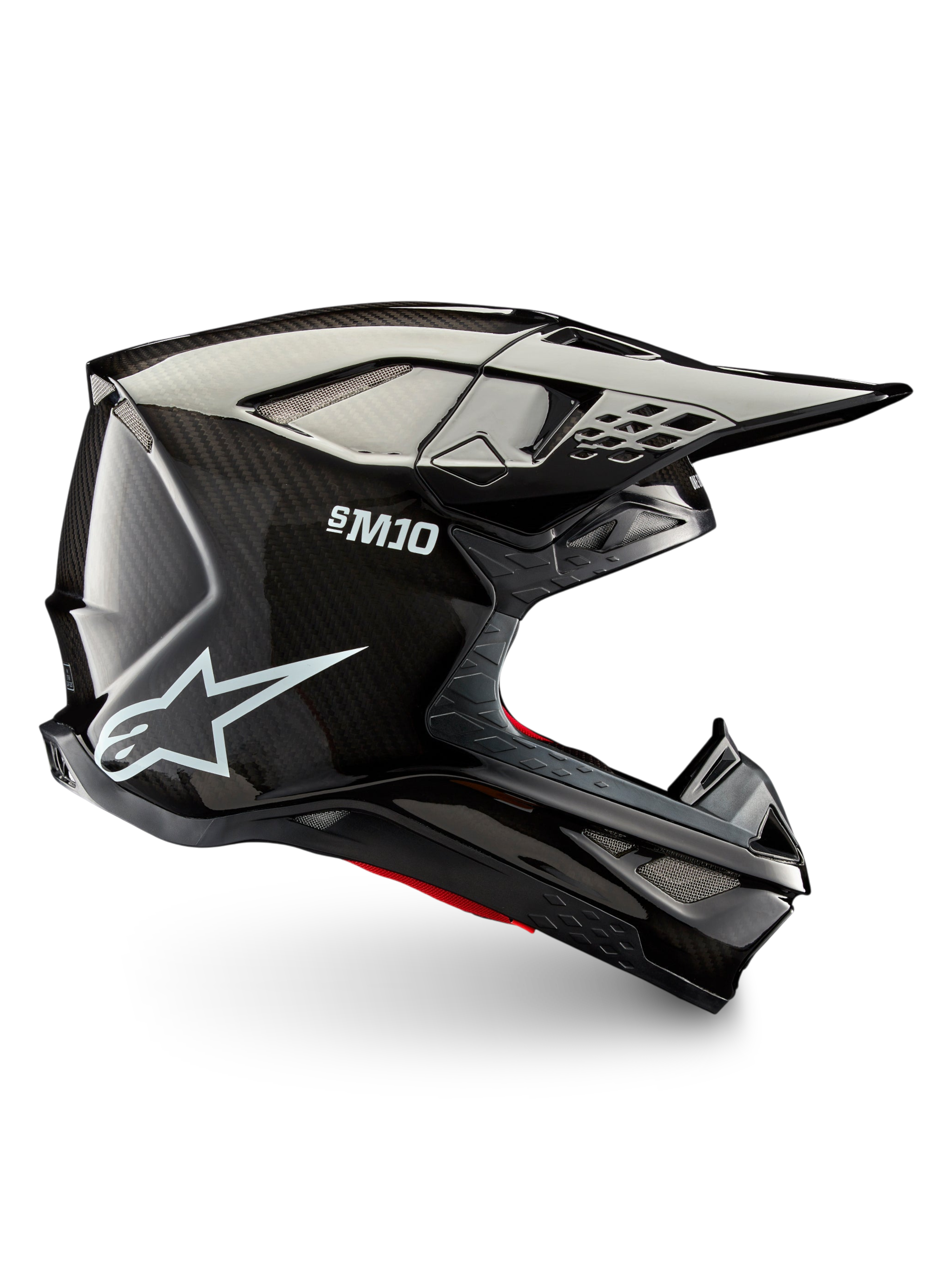 Alpinestars Supertech M10 Solid motocrosshjelm, sort blank kulfiber, sideprofil med kulfiberskal, skyggevisir og ventilationsporte til off-road-kørsel