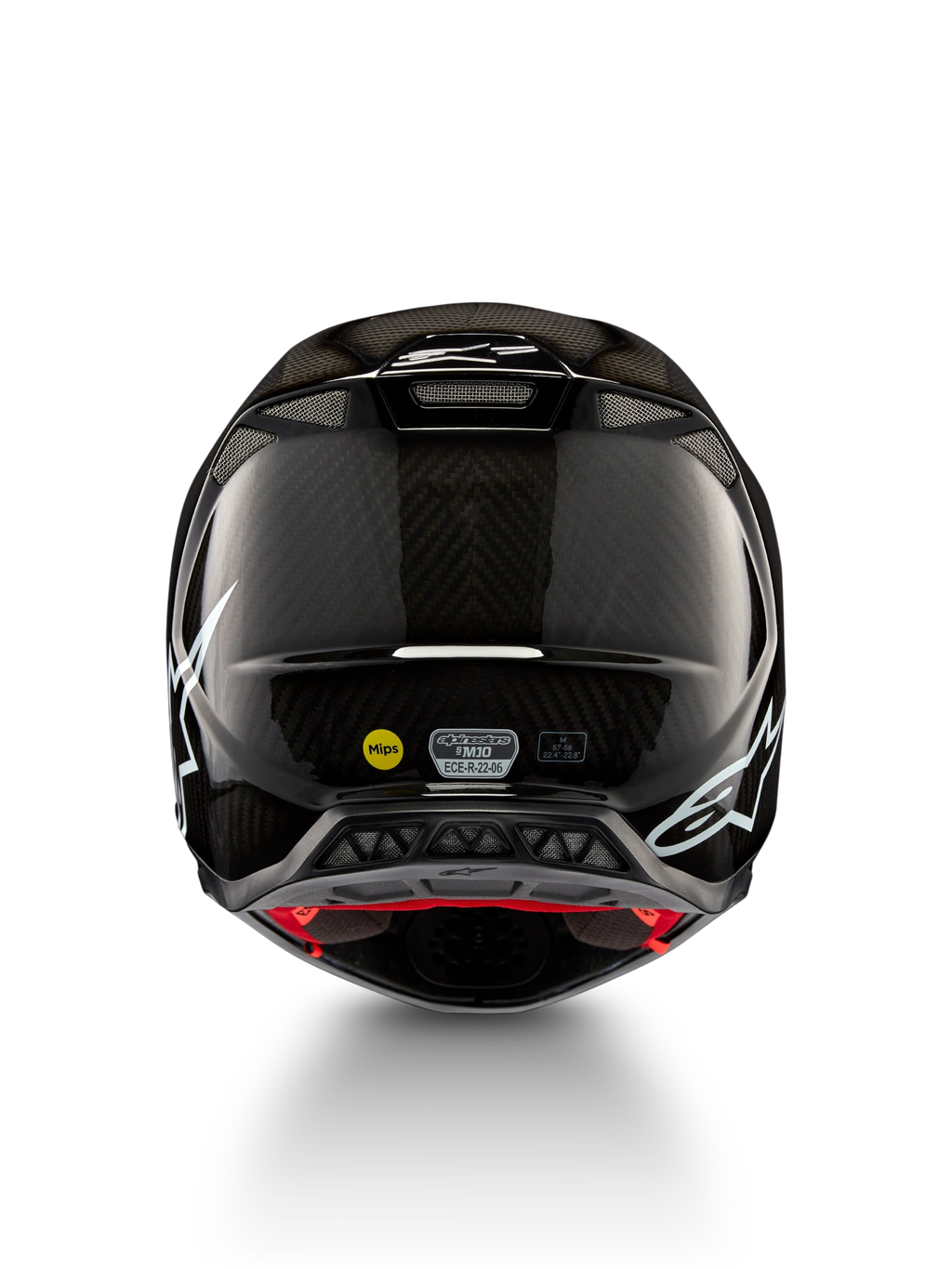 Alpinestars Supertech M10 Solid ECE 22.06-hjelm, sort blankt kulfiber-motocrosshjelm set bagfra med hvide grafikker, ventilationsåbninger, MIPS og ECE-R 22.06-certificering