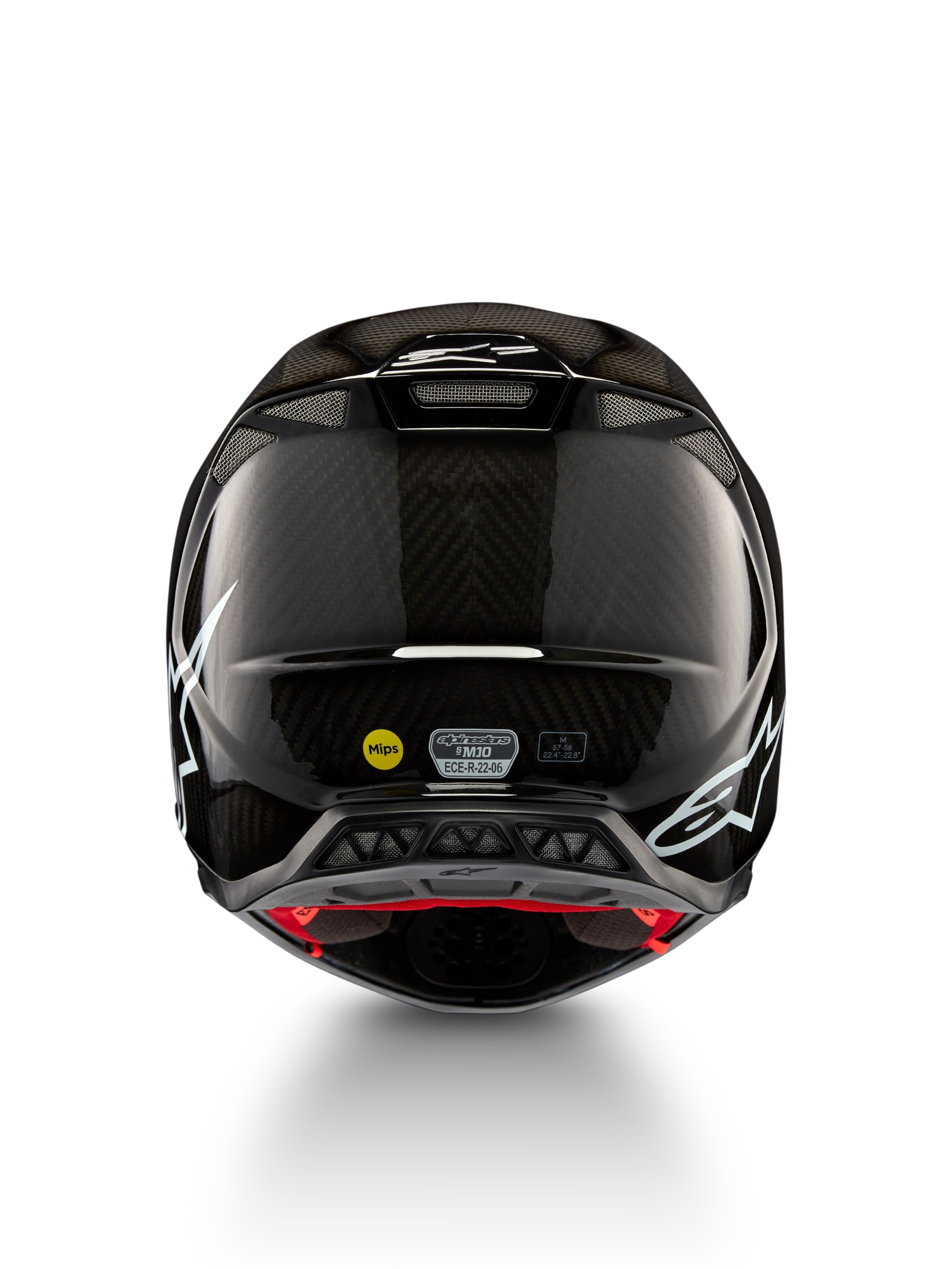 Alpinestars Supertech M10 Solid ECE 22.06-hjelm, sort blankt kulfiber-motocrosshjelm set bagfra med hvide grafikker, ventilationsåbninger, MIPS og ECE-R 22.06-certificering