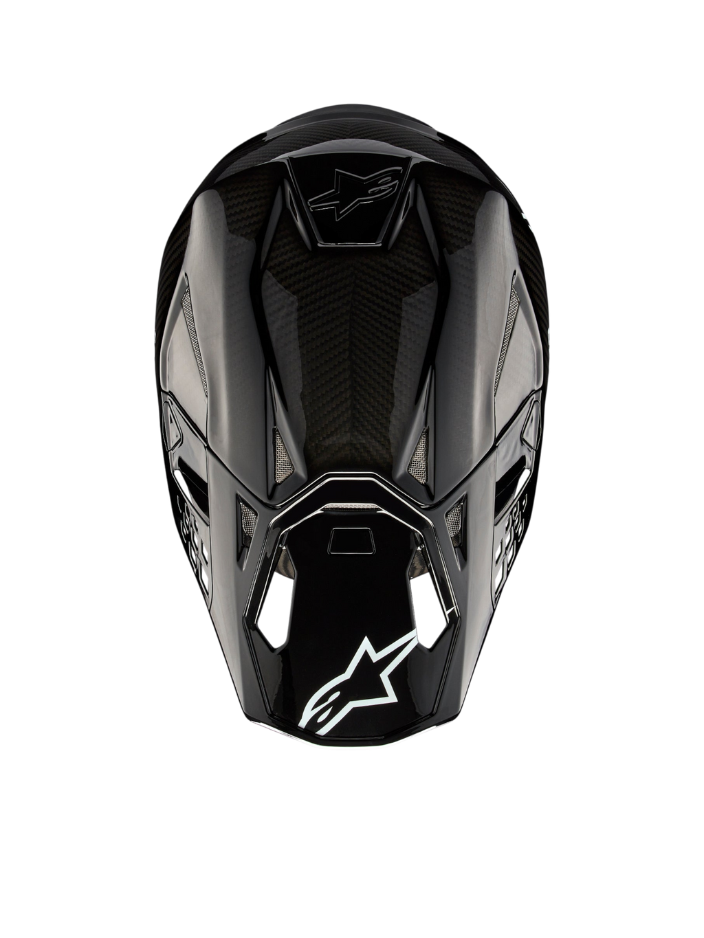 Alpinestars Supertech M10 Solid hjelm ECE 22.06, sort blank kulfiber-motocrosshjelm set bagfra med kulfiberskal, ventilationsåbninger og Alpinestars-logo, ECE 22.06-godkendt