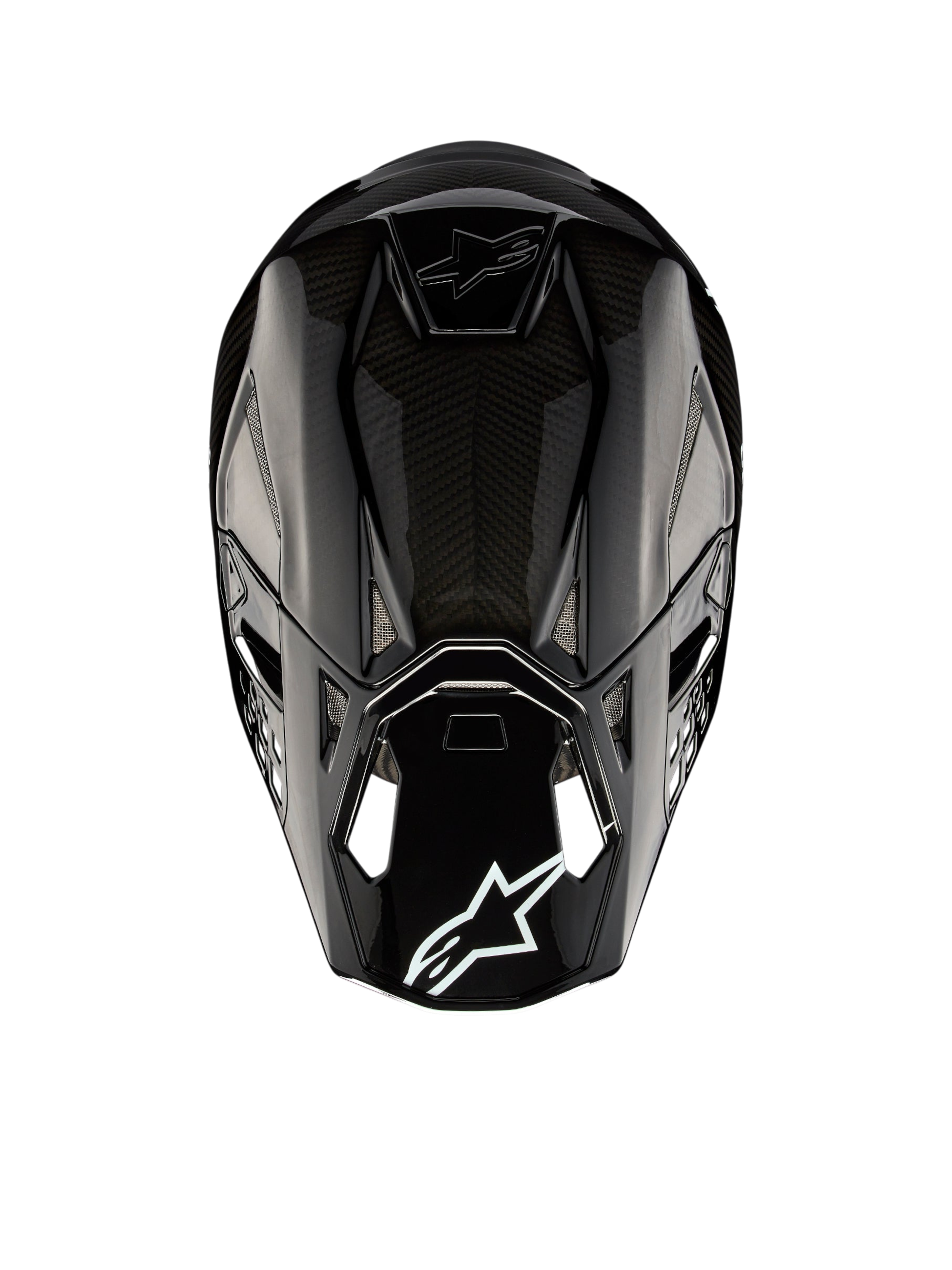 Alpinestars Supertech M10 Solid hjelm ECE 22.06, sort blank kulfiber-motocrosshjelm set bagfra med kulfiberskal, ventilationsåbninger og Alpinestars-logo, ECE 22.06-godkendt