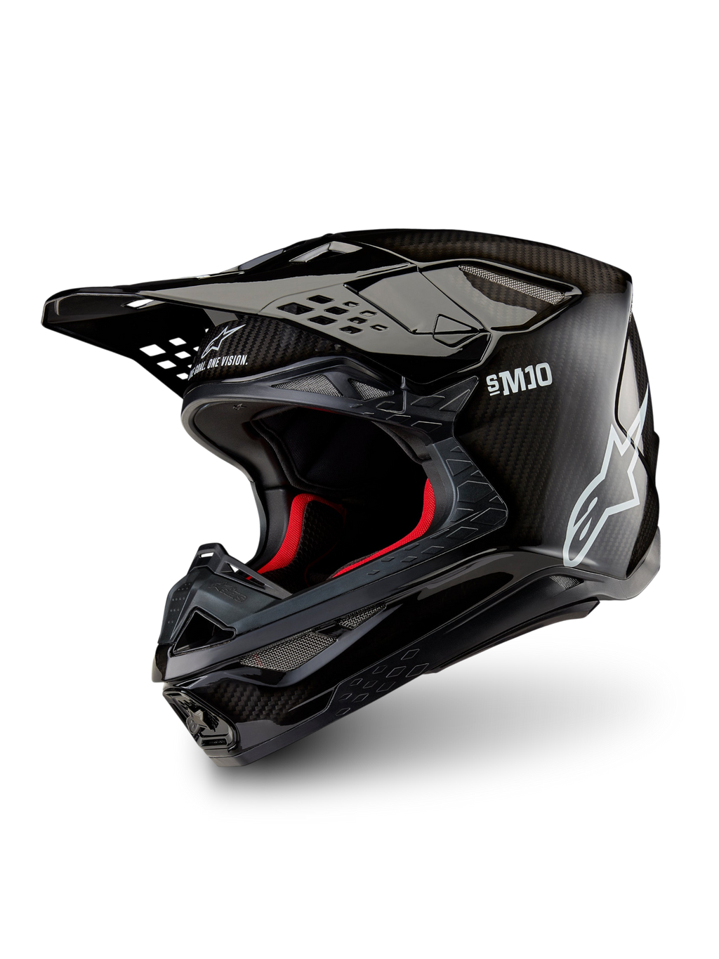 Alpinestars Supertech M10 Solid hjelm ECE 22.06, sort blank motocrosshjelm med kulfiberskal, skyggevisir og rød indvendig foring, vist i trekvart profil.