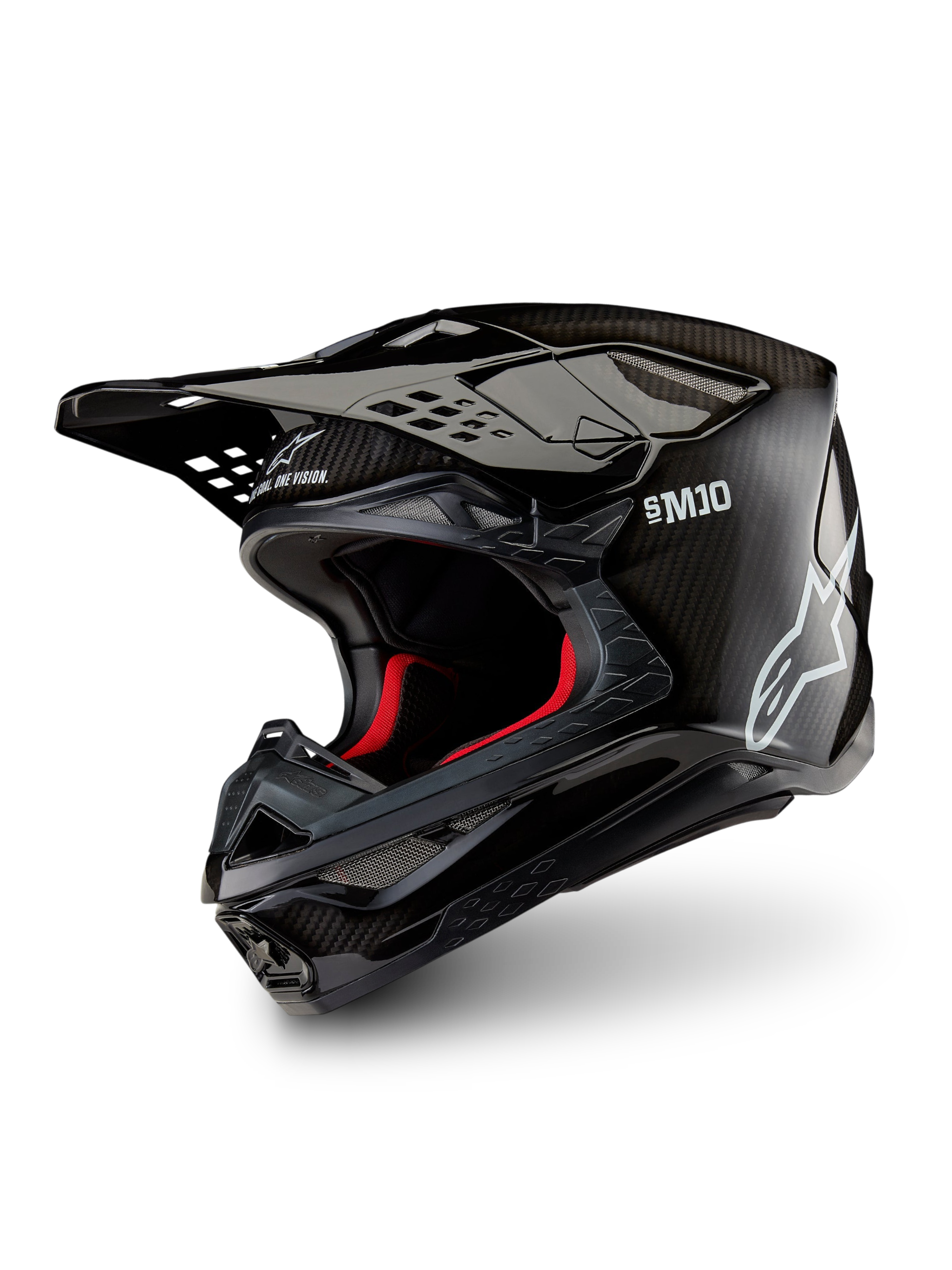 Alpinestars Supertech M10 Solid hjelm ECE 22.06, sort blank motocrosshjelm med kulfiberskal, skyggevisir og rød indvendig foring, vist i trekvart profil.