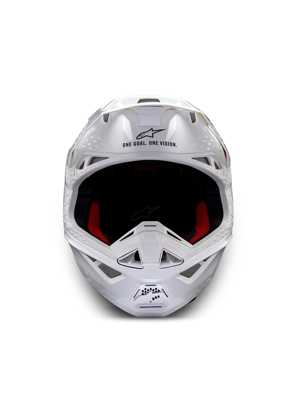 Alpinestars Supertech M10 Solid Hjelm ECE 22.06, hvid blank motocrosshjelm set forfra med rød og sort indvendig polstring