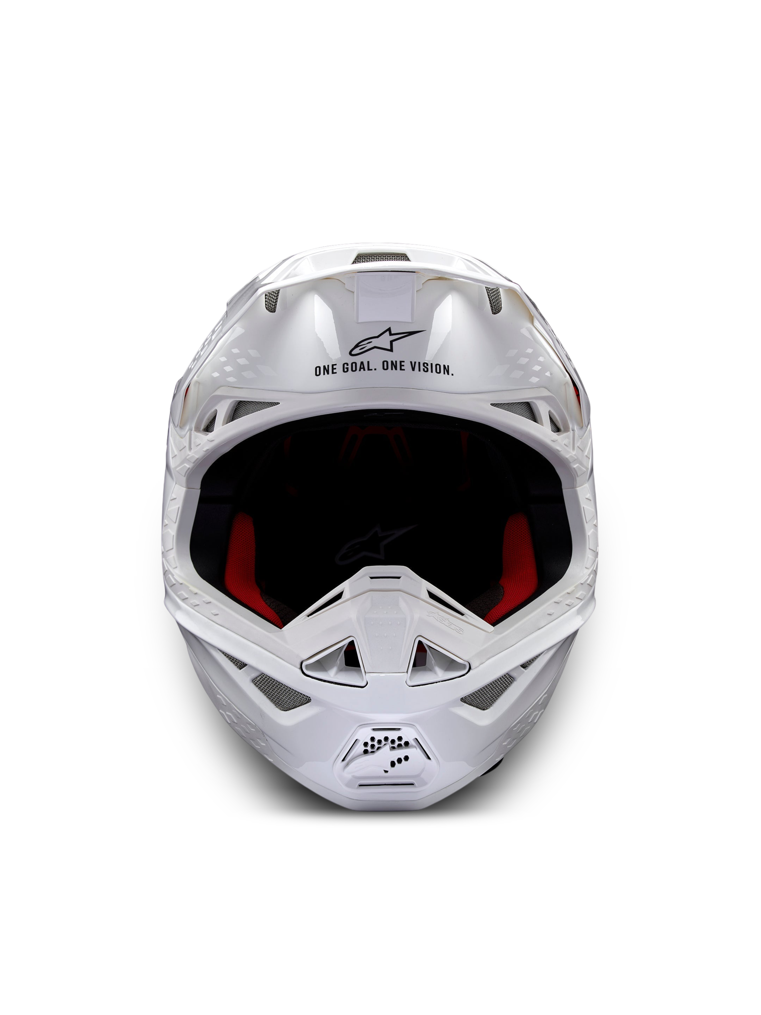 Alpinestars Supertech M10 Solid Hjelm ECE 22.06, hvid blank motocrosshjelm set forfra med rød og sort indvendig polstring