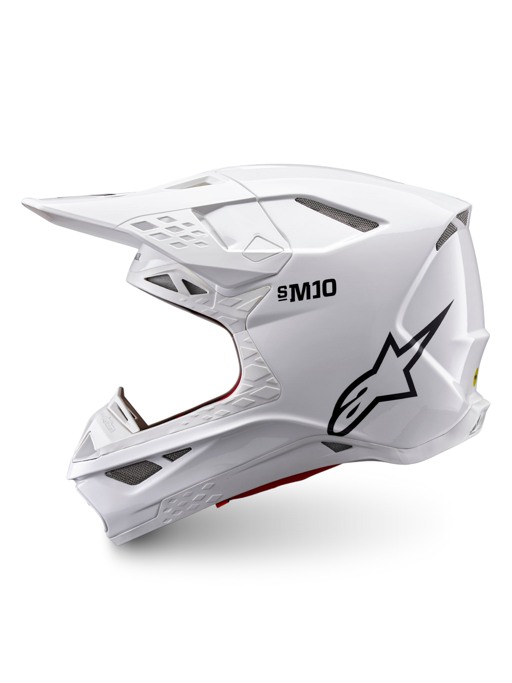 Alpinestars Supertech M10 Solid Hjelm ECE 22.06, hvid blank motocrosshjelm i sideprofil med sort logo og flere ventilationsporte