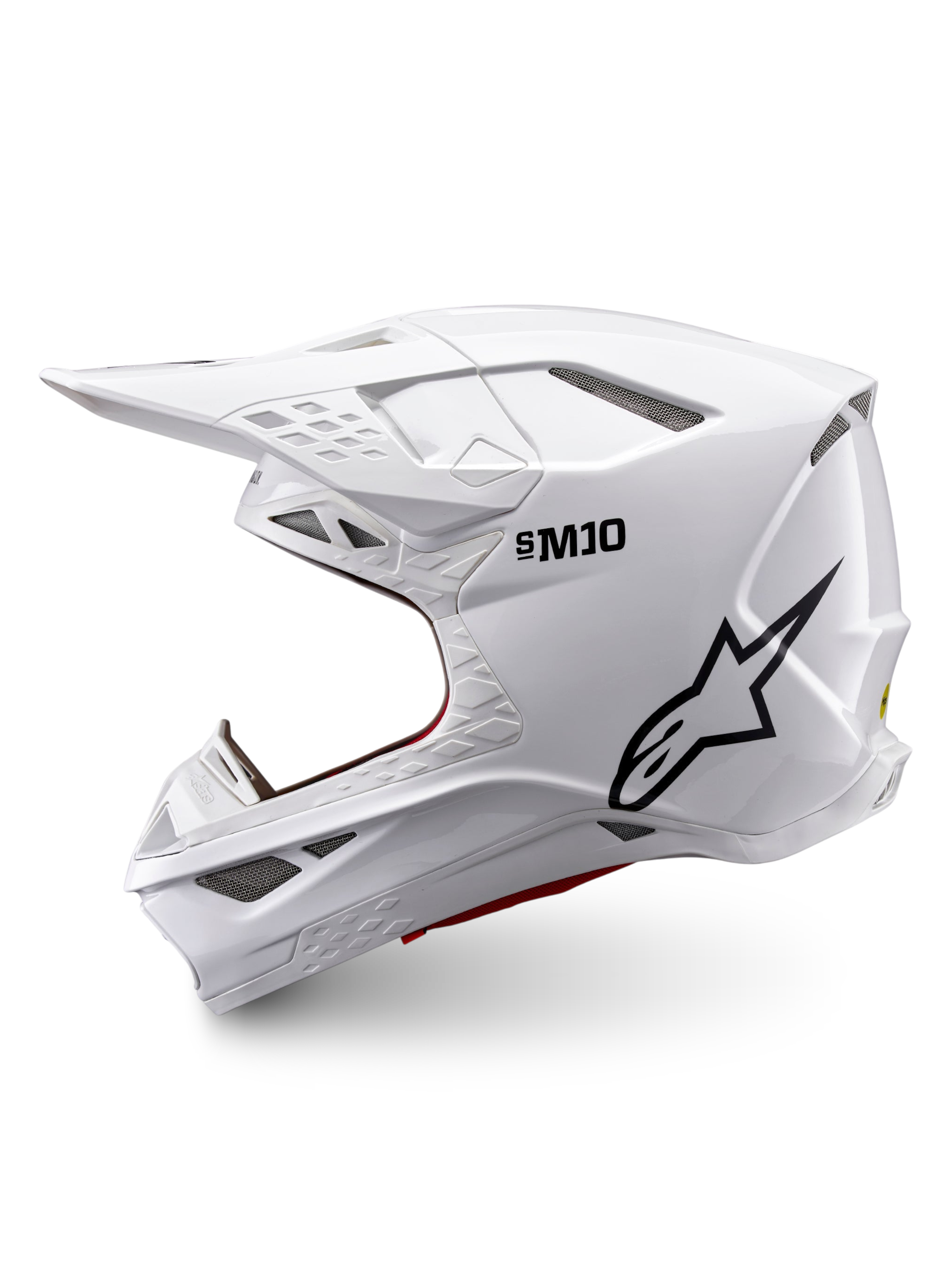 Alpinestars Supertech M10 Solid Hjelm ECE 22.06, hvid blank motocrosshjelm i sideprofil med sort logo og flere ventilationsporte