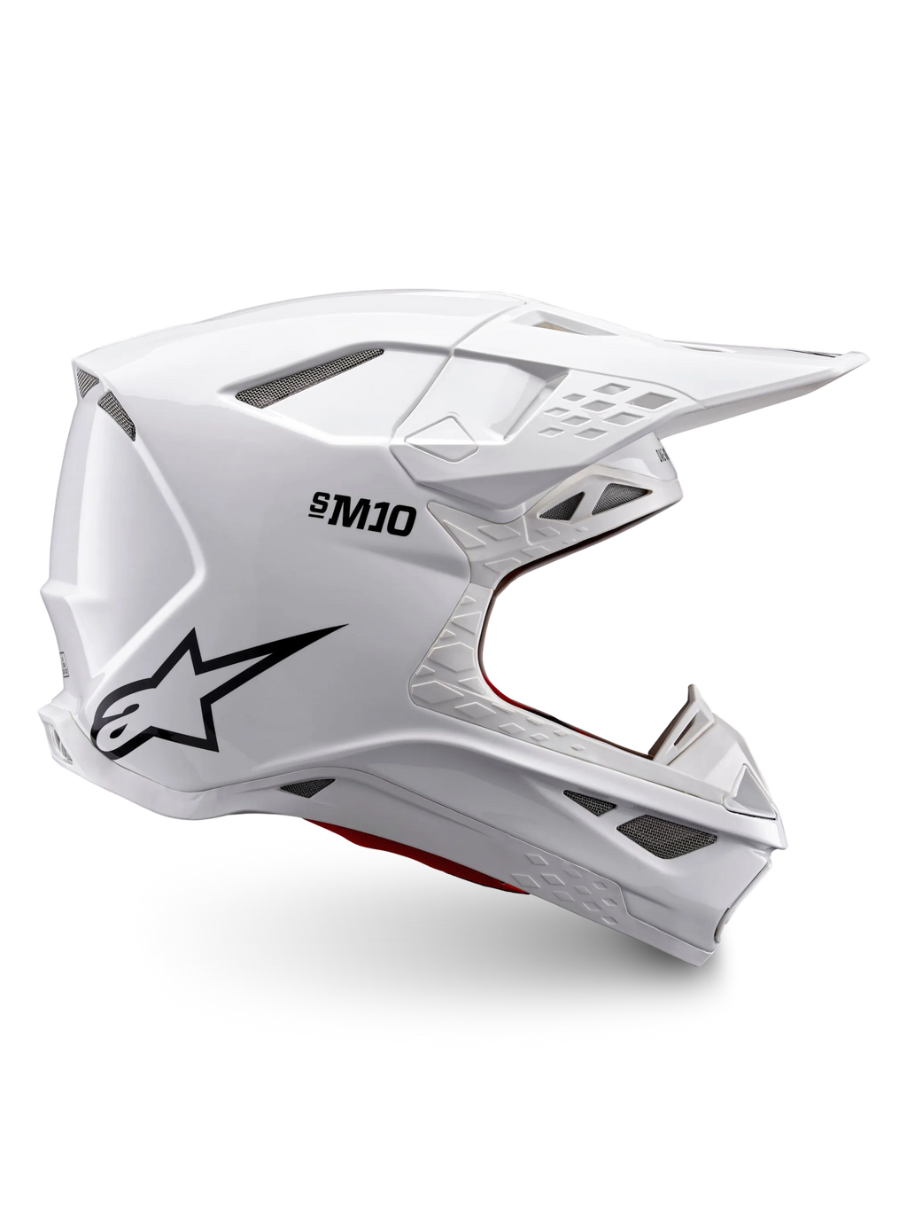 Alpinestars Supertech M10 Solid hjelm ECE 22.06, hvid blank motocrosshjelm med sort logo, skygge og ventileret design set fra siden