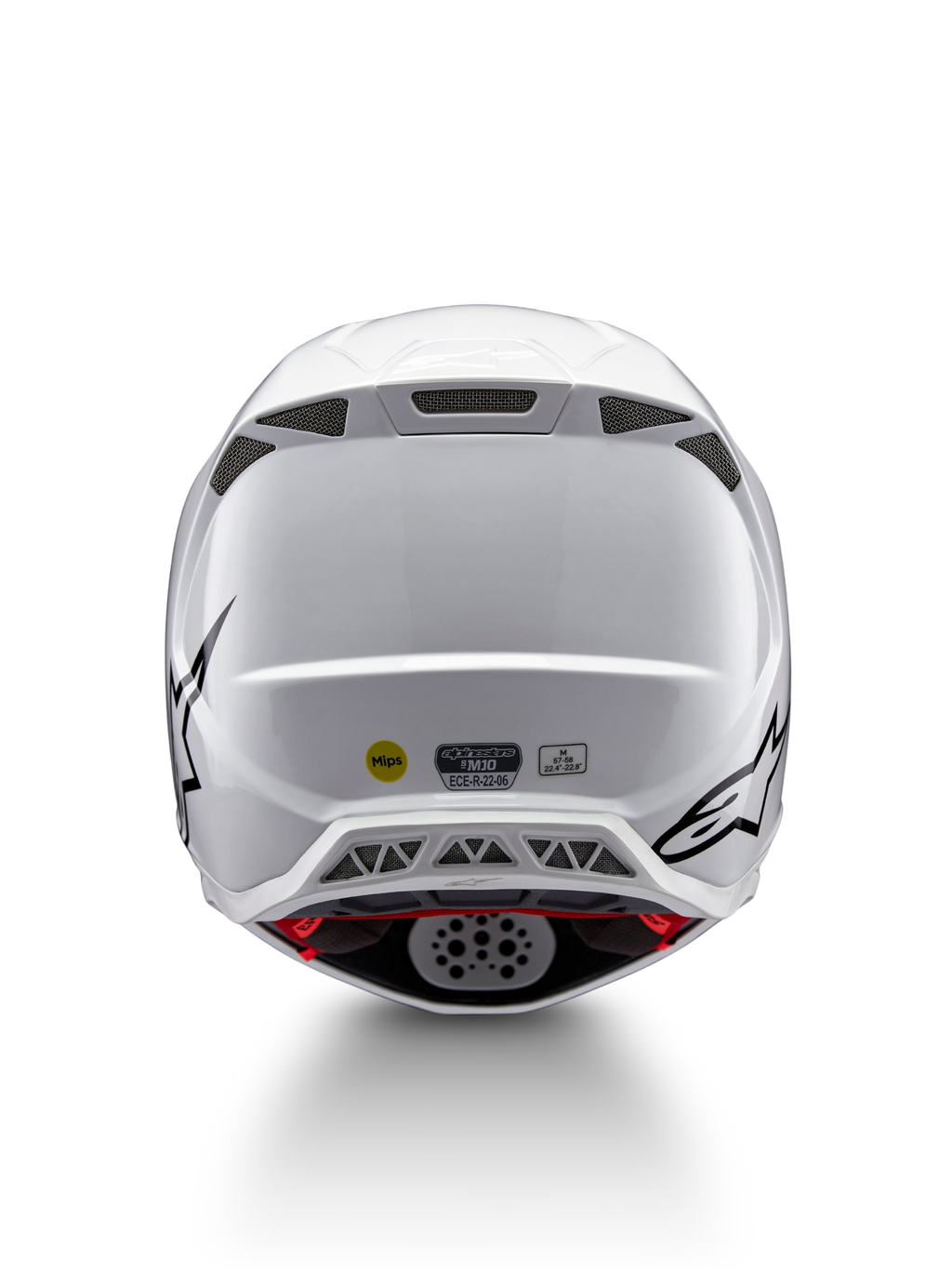 Alpinestars Supertech M10 Solid hjelm ECE 22.06, hvid blank motocrosshjelm set bagfra med sorte grafikker, ventilationsporte, MIPS og ECE-certificeringsmærke