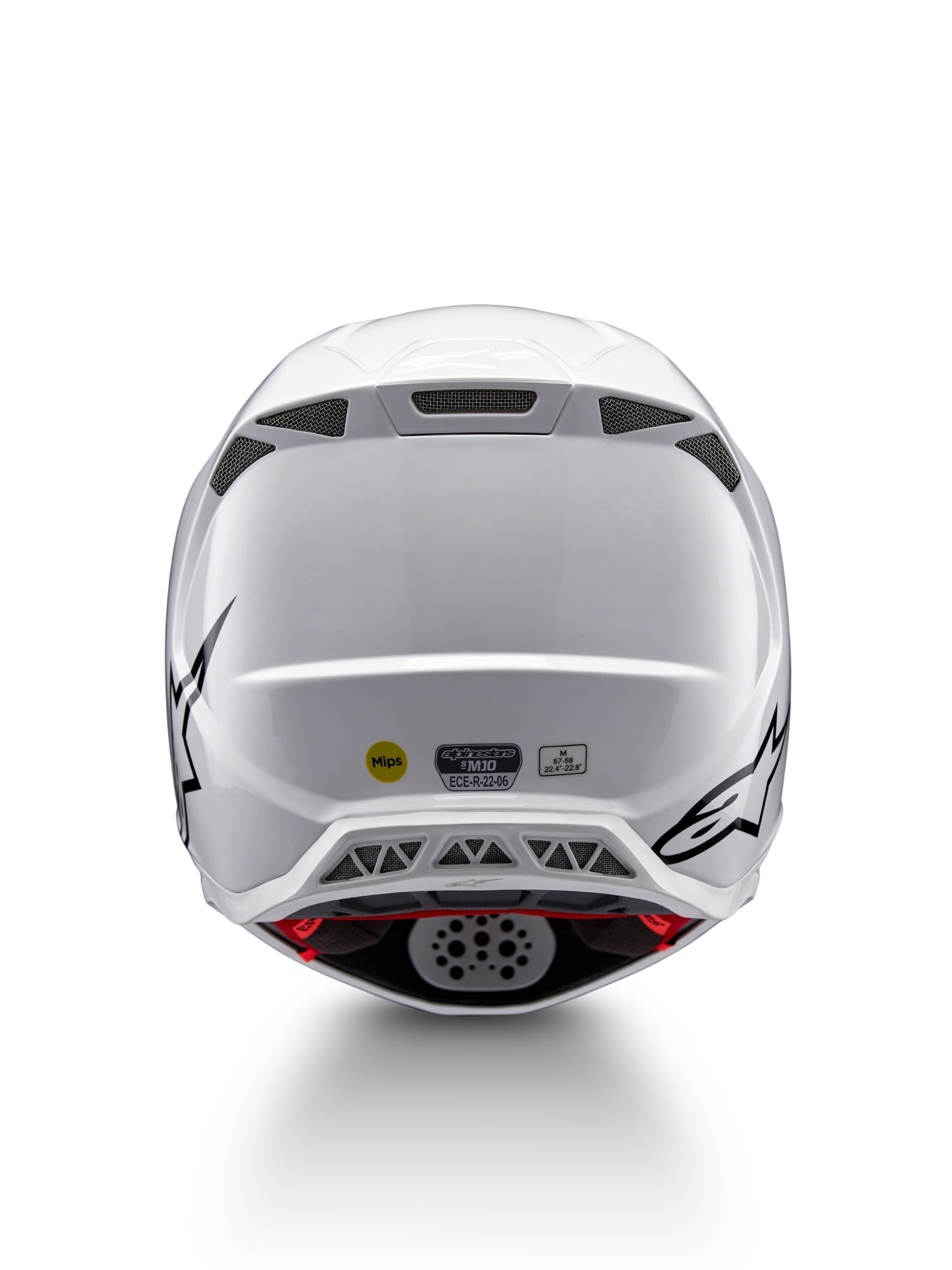 Alpinestars Supertech M10 Solid hjelm ECE 22.06, hvid blank motocrosshjelm set bagfra med sorte grafikker, ventilationsporte, MIPS og ECE-certificeringsmærke
