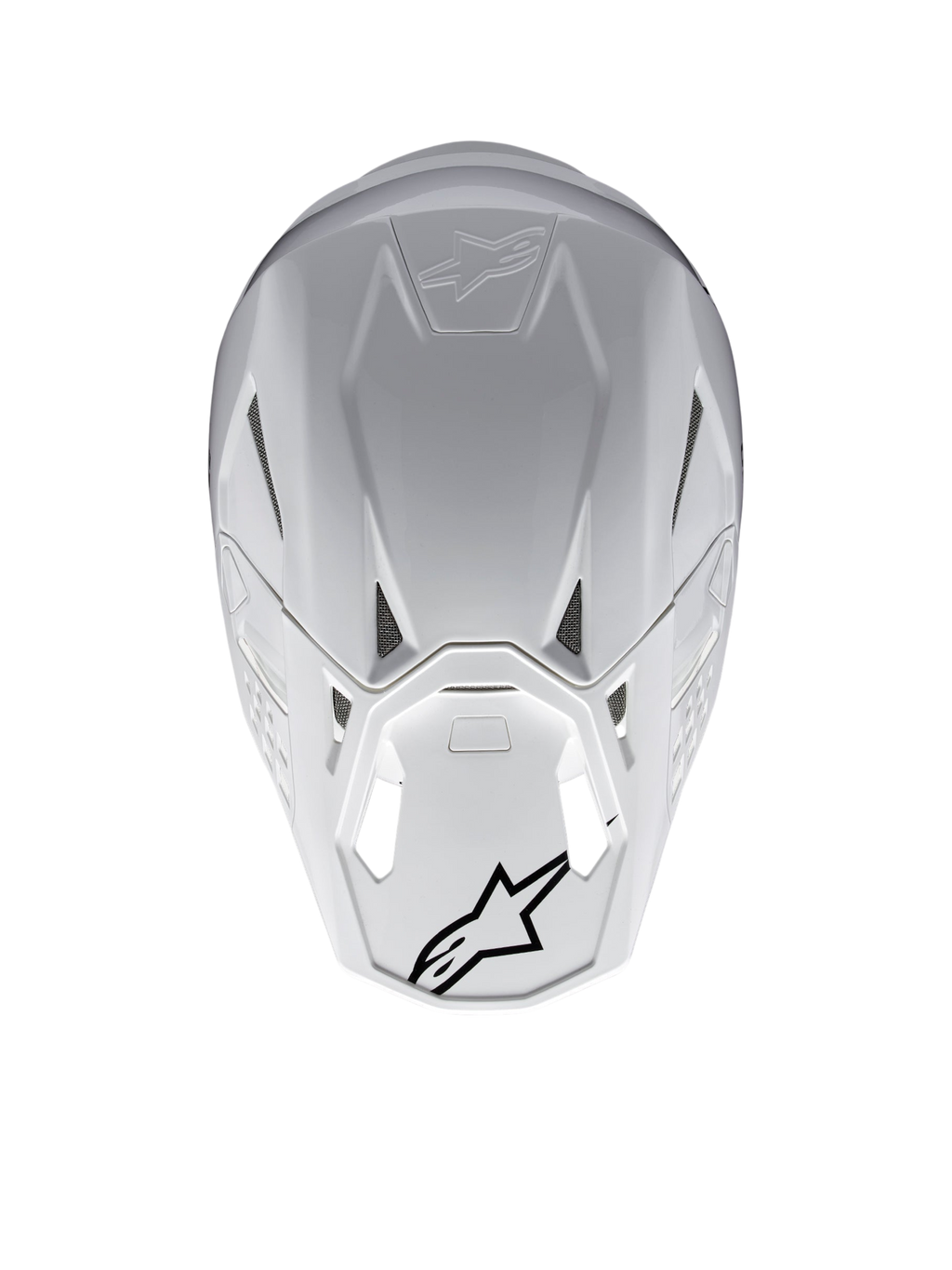 Alpinestars Supertech M10 Solid Hjelm ECE 22.06, hvid blank motocrosshjelm set bagfra med ventilationsporte og sorte Alpinestars-logoer, skal i kulfiber- og aramidkomposit