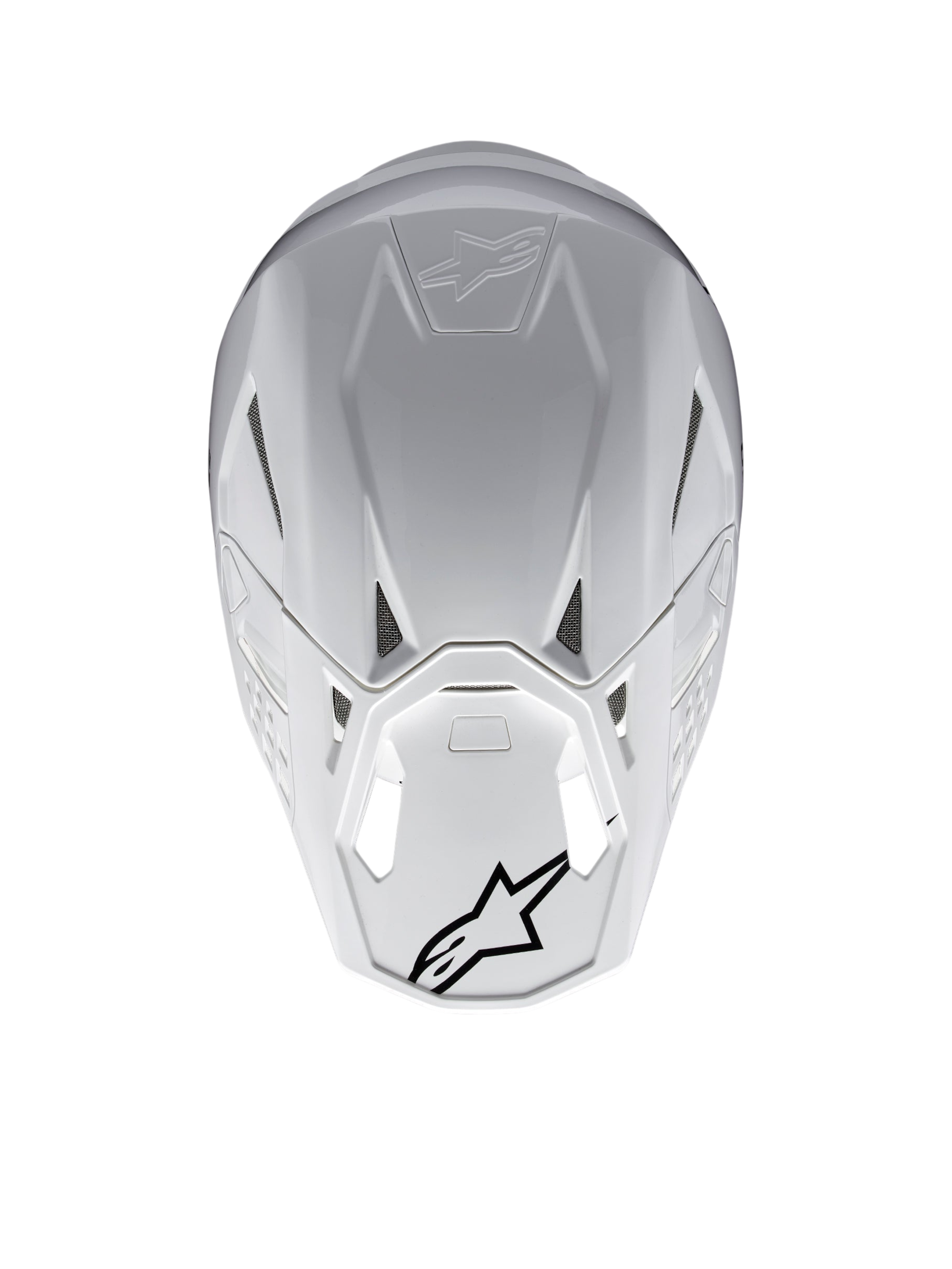 Alpinestars Supertech M10 Solid Hjelm ECE 22.06, hvid blank motocrosshjelm set bagfra med ventilationsporte og sorte Alpinestars-logoer, skal i kulfiber- og aramidkomposit