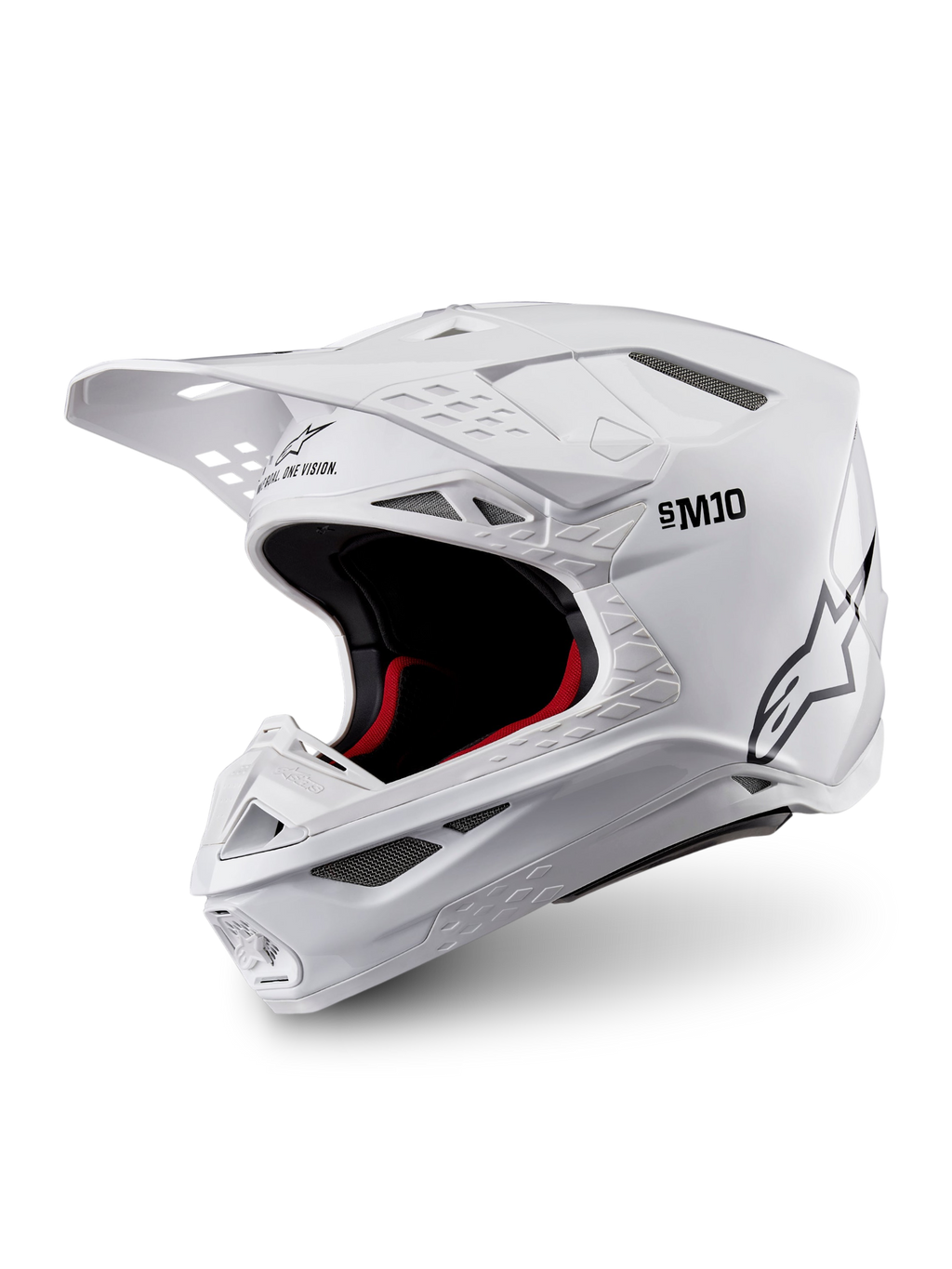 Alpinestars Supertech M10 Solid-hjelm, ECE 22.06-certificeret motocrosshjelm i blank hvid med sort og rød indvendig polstring, skyggevisir og flere ventilationsporte, vist i trekvart profil