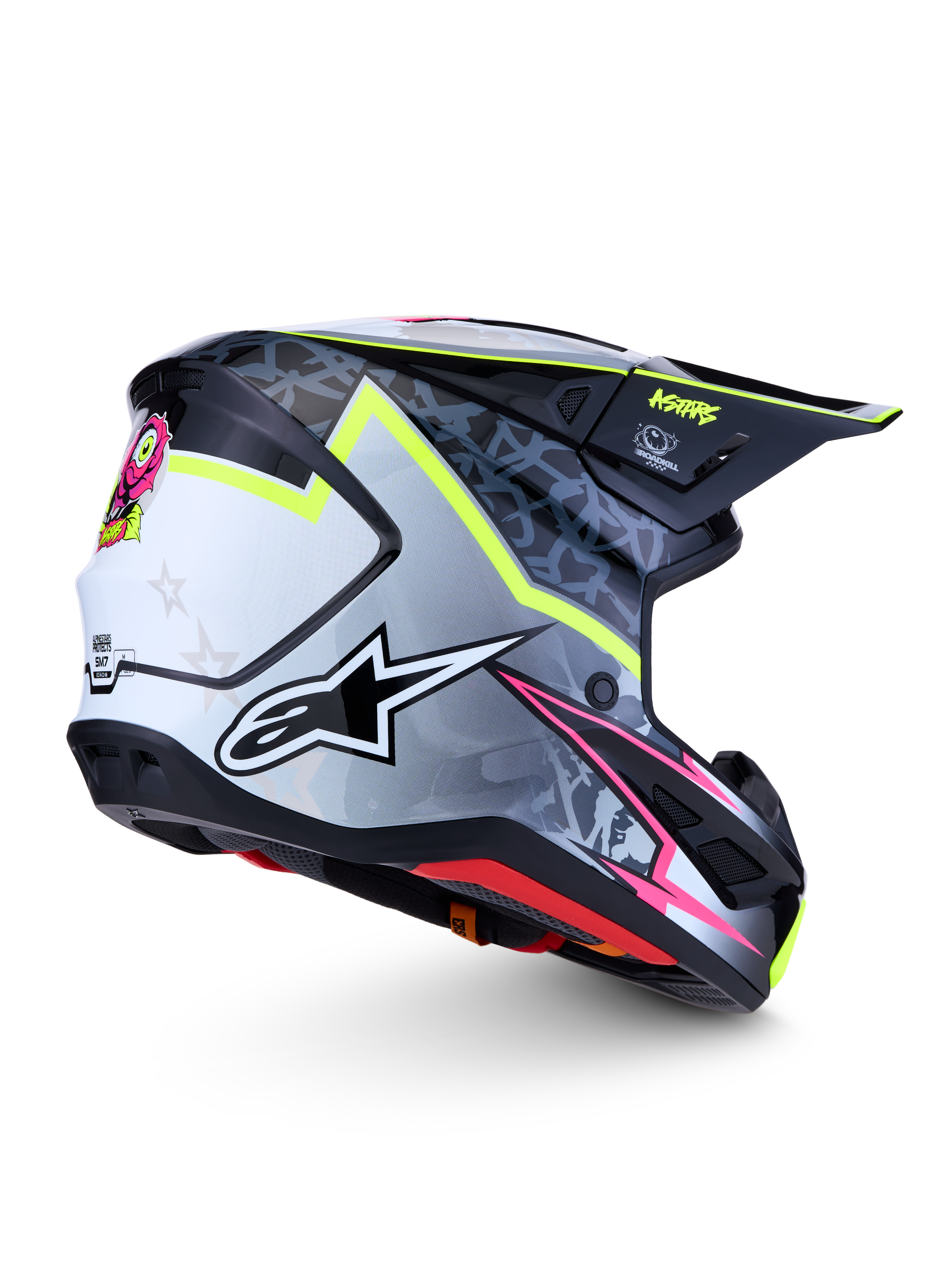 Alpinestars S-M7 Blaster Helmet ECE06, black and gray motocross racing helmet with fluorescent yellow accents.