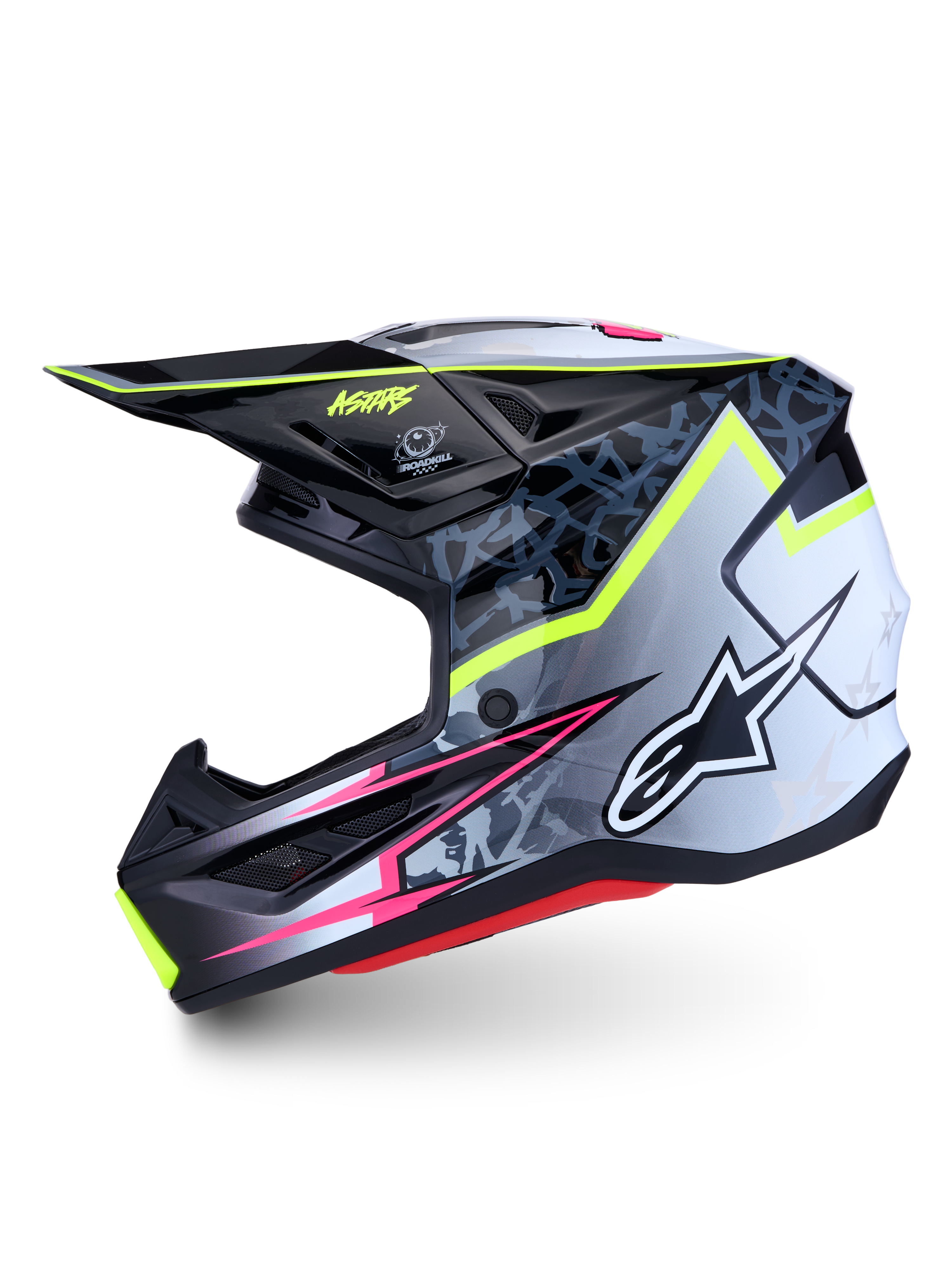 Alpinestars S-M7 Blaster Helmet ECE06, black and gray motocross helmet with fluo yellow and pink graphics.
