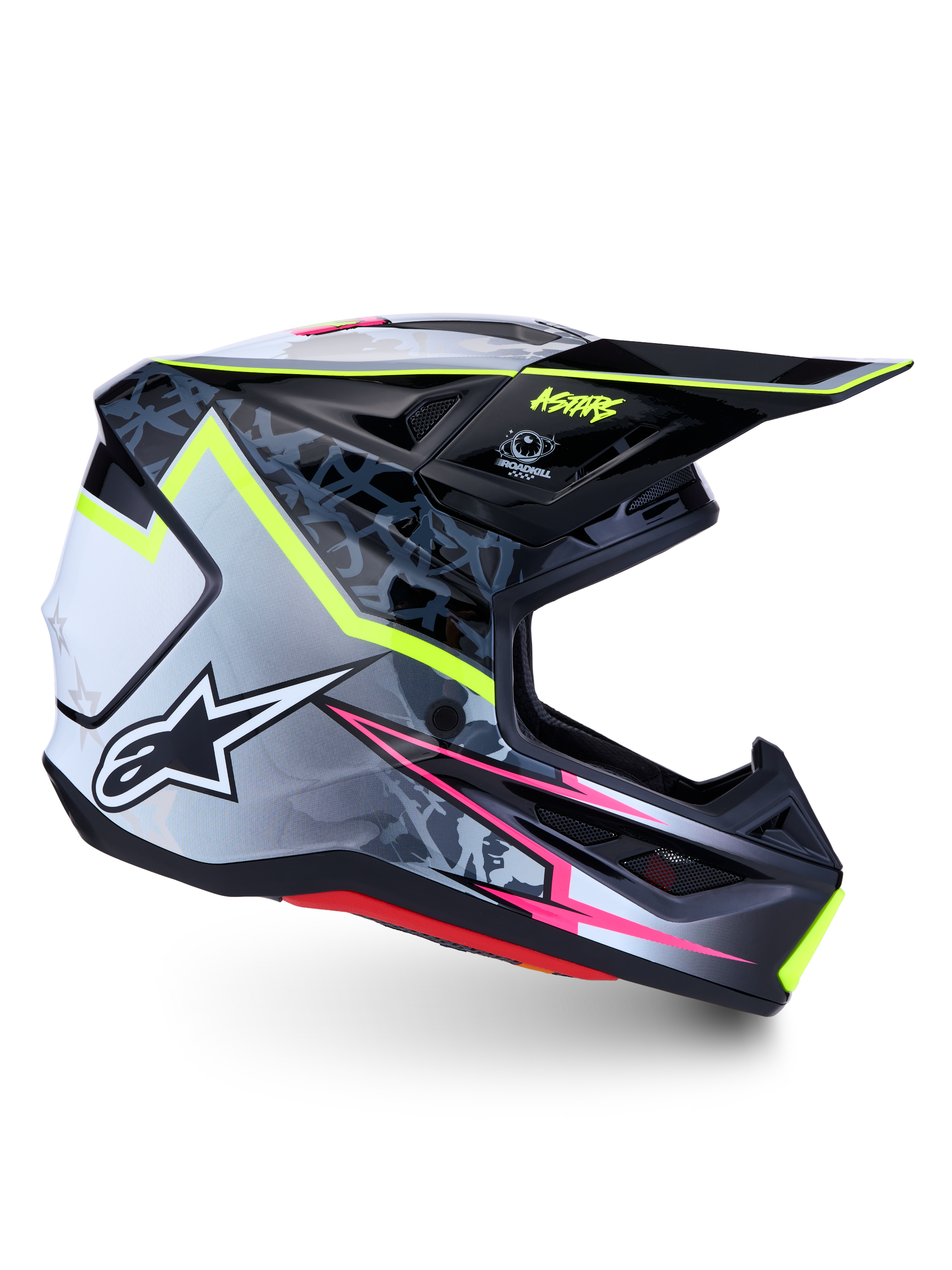 Alpinestars S-M7 Blaster Motocross Helmet, Black and Gray with Yellow Fluo and Pink, ECE 22.06 certified.
