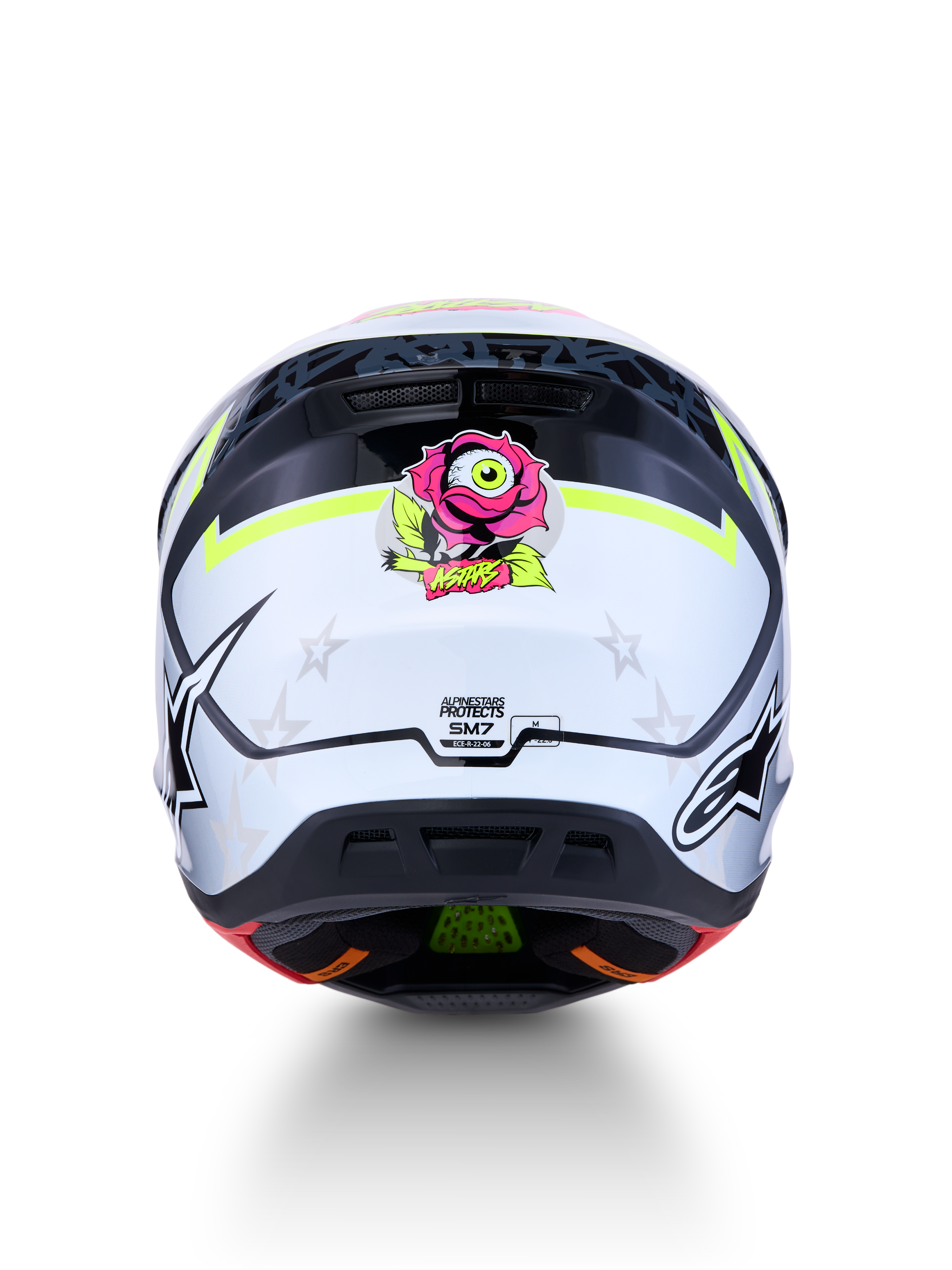 Alpinestars S-M7 Blaster Motocross Helmet, Black and White with Yellow Fluo, ECE 22.06 certified, rear view with rose graphic.