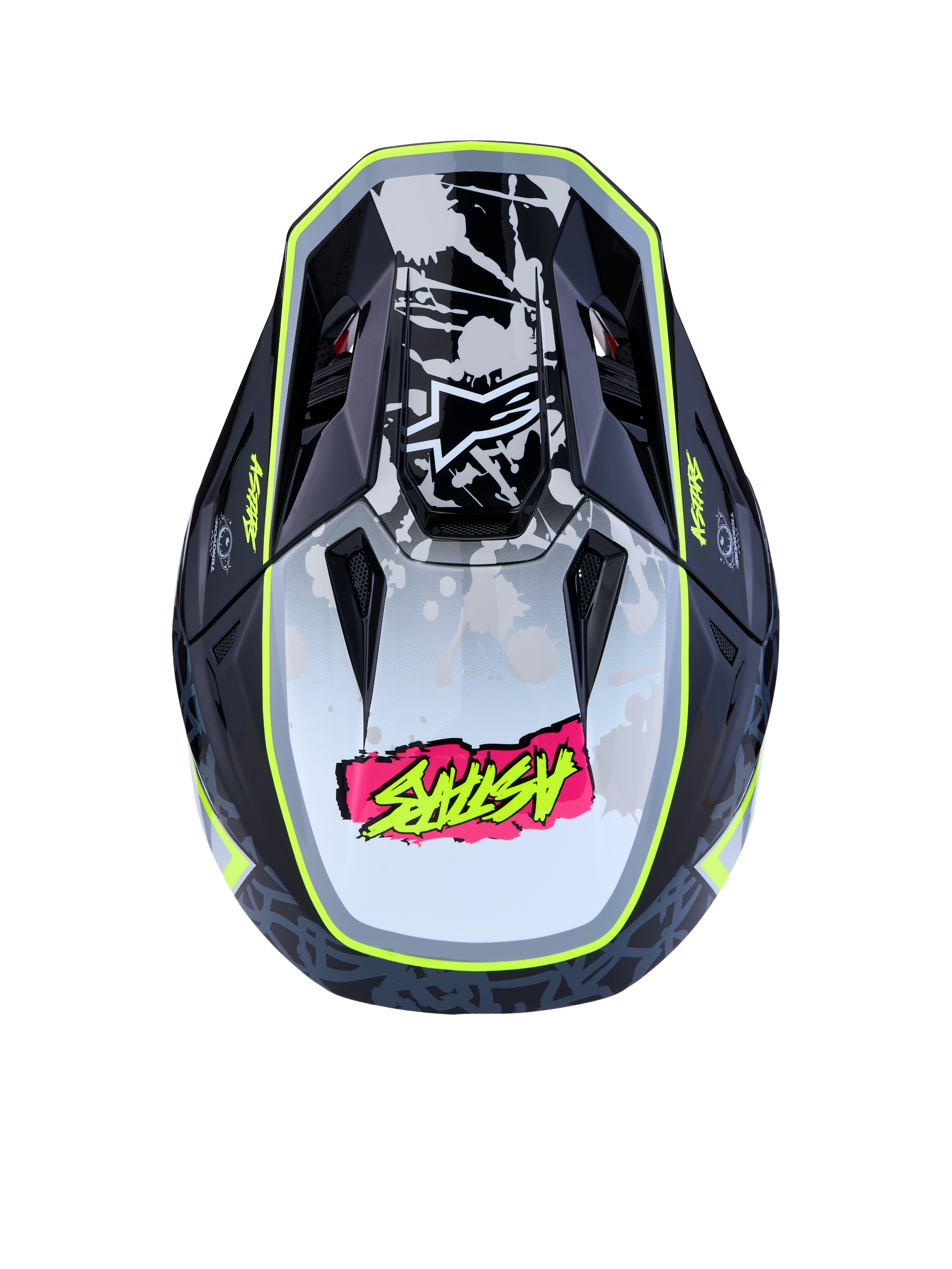 Alpinestars S-M7 Blaster Motocross Helmet, top view in black and gray with fluo yellow trim and pink logo.