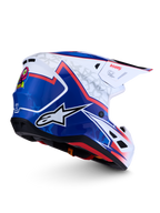 Alpinestars S-M7 Blaster Helmet, glossy Blue and White motocross helmet with red accents and aerodynamic shell.