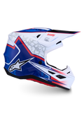 Alpinestars S-M7 Blaster Motocross Helmet, glossy White, Blue, and Red composite shell with ECE 22.06 certification.