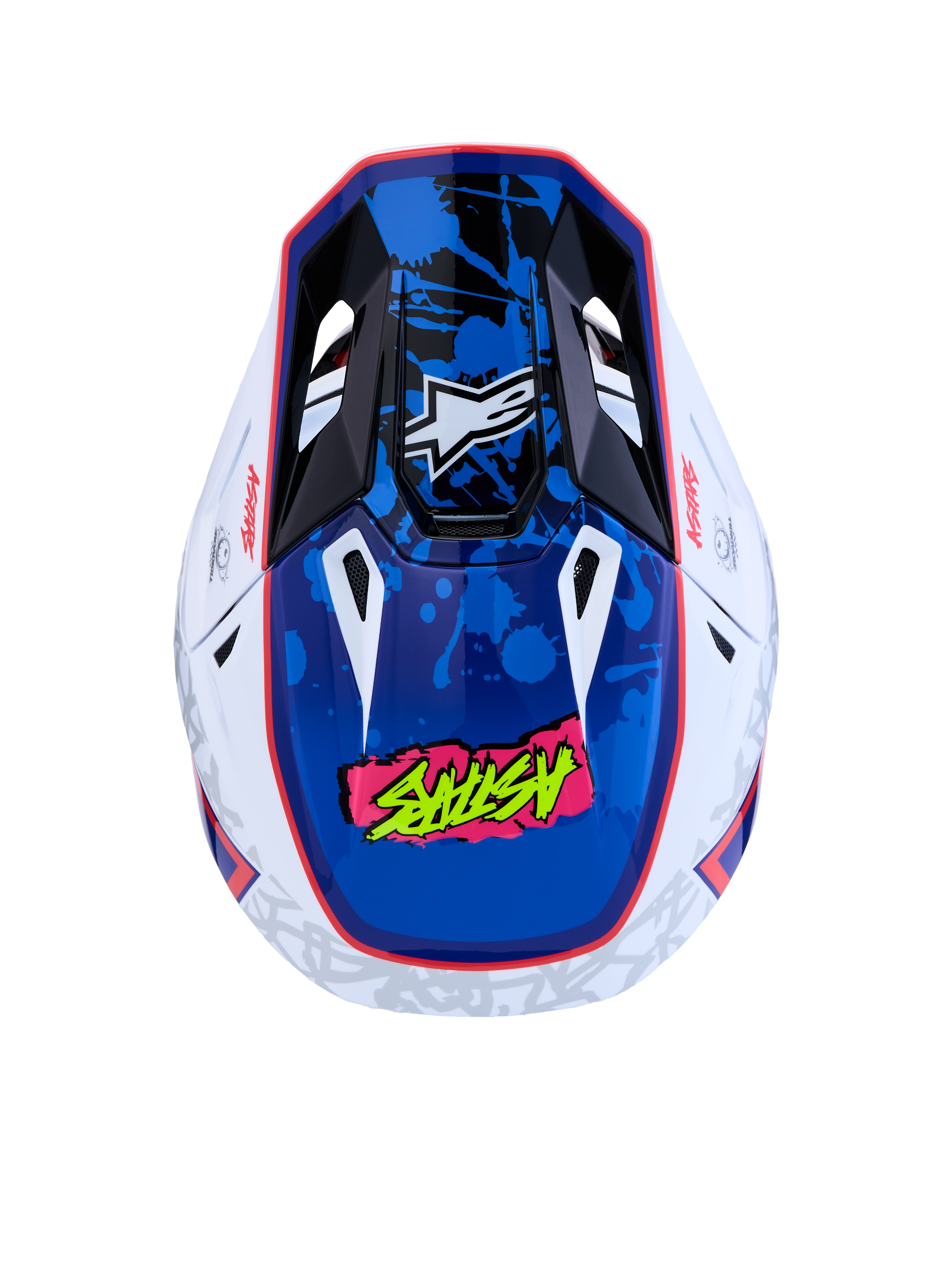 Alpinestars S-M7 Blaster Helmet, Motocross Helmet, White and Blue, ECE 22.06 certified, glossy paint splatter graphics.