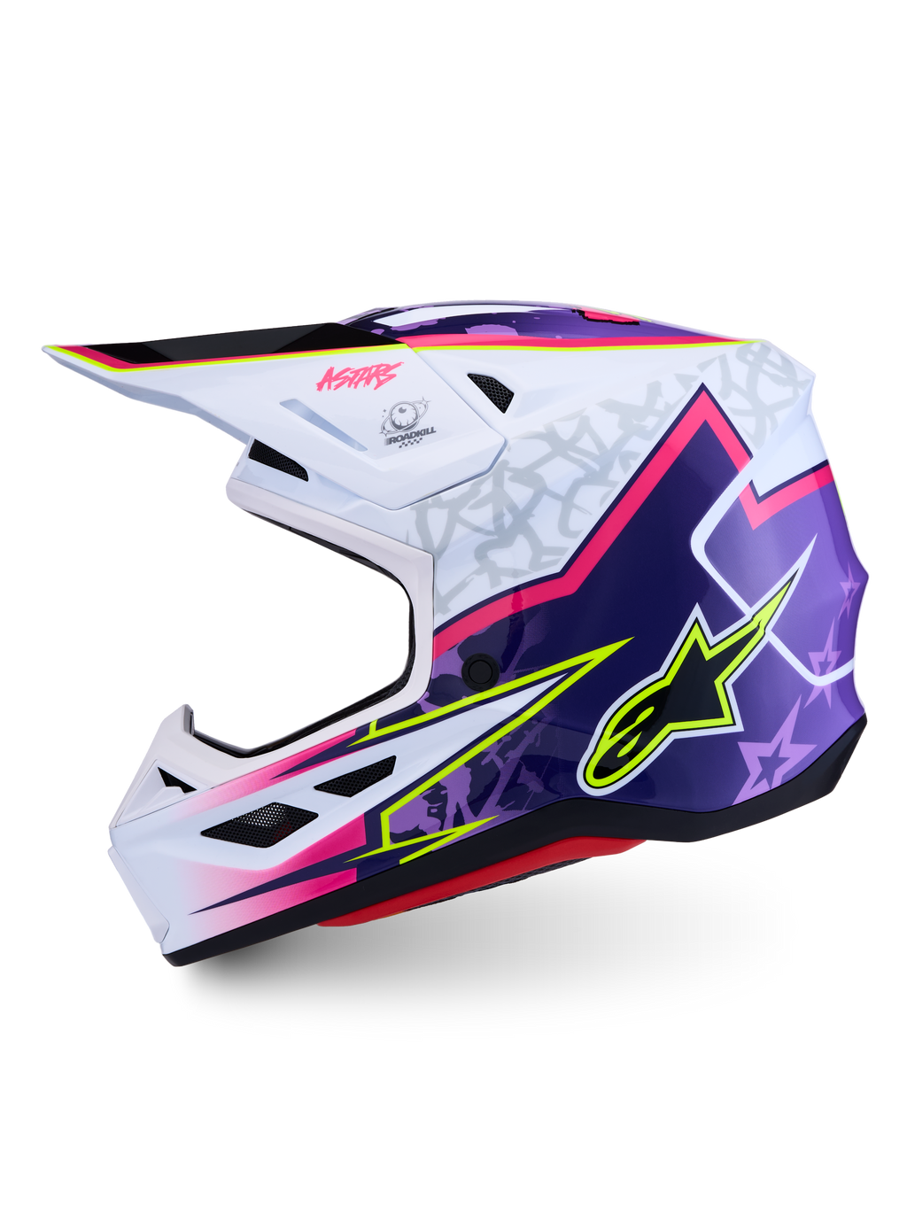 Alpinestars S-M7 Blaster Helmet ECE06, purple and pink motocross helmet, composite shell construction, ECE 22.06 certified.