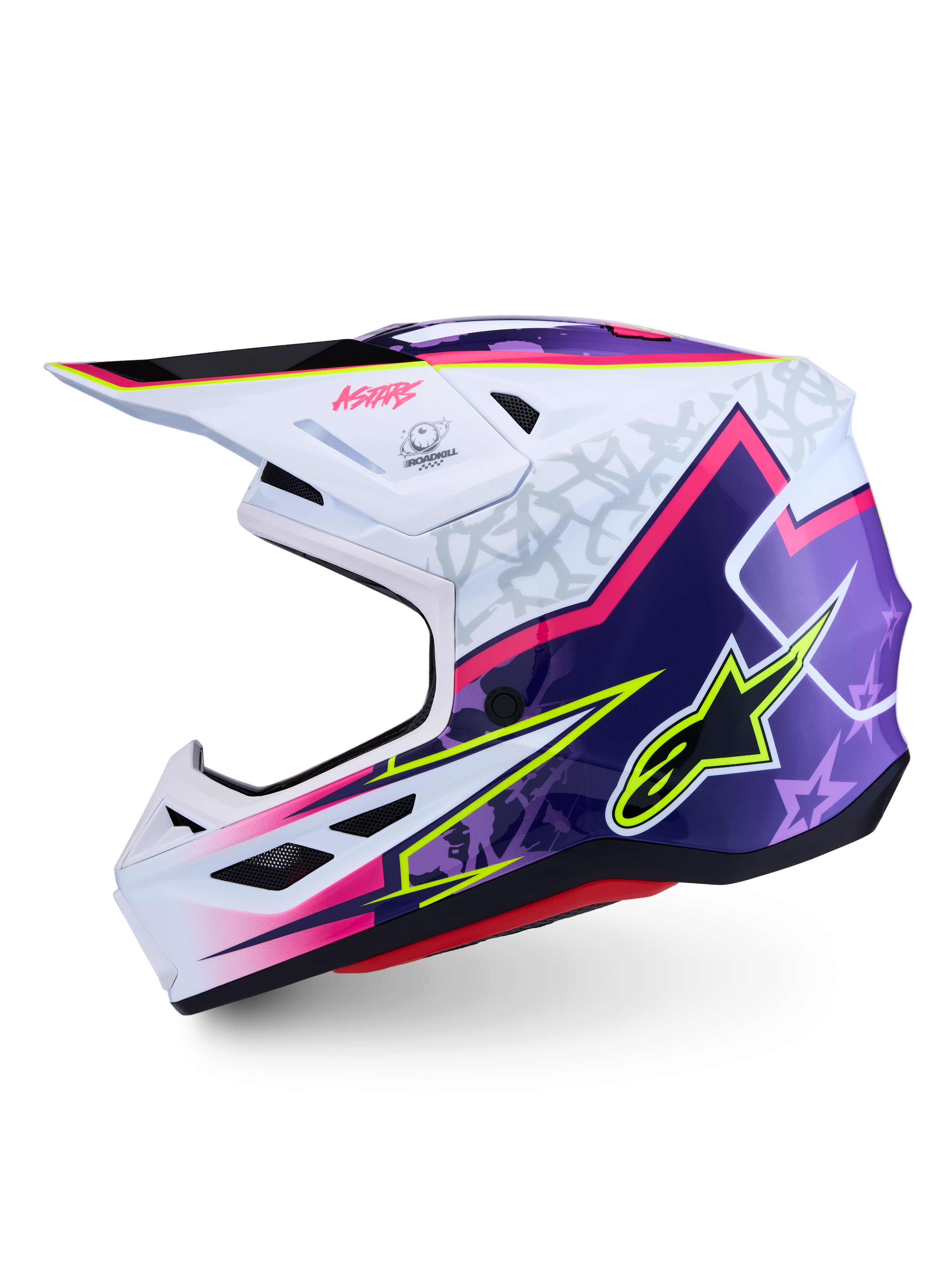 Alpinestars S-M7 Blaster Helmet ECE06, purple and pink motocross helmet, composite shell construction, ECE 22.06 certified.