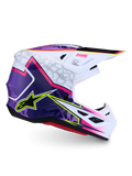 Alpinestars S-M7 Blaster motocrosshjelm, lilla og hvid med pink, blank finish, ECE-certificeret letvægtsskal.