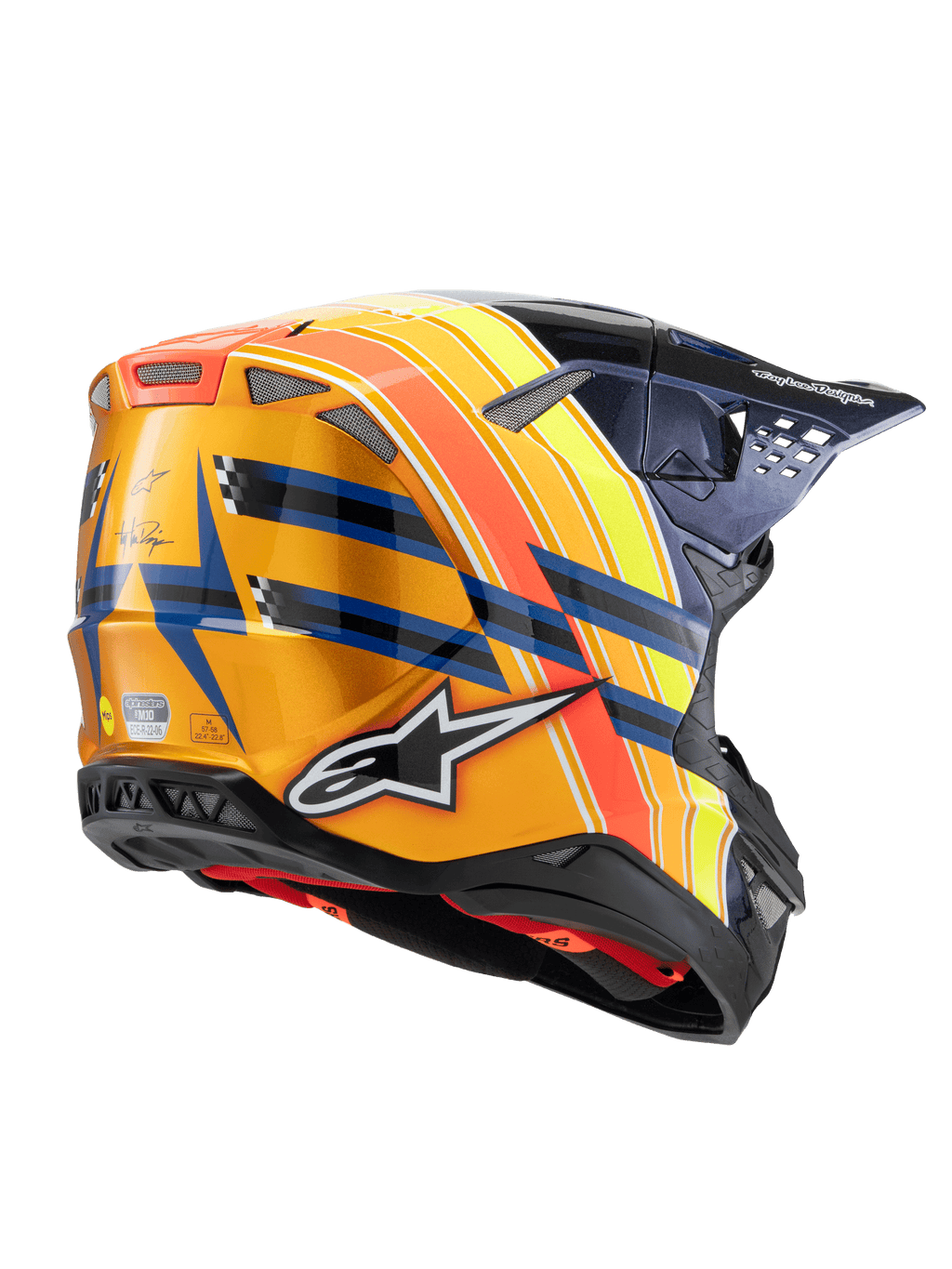 Alpinestars Supertech M10 TLD Edition 25 hjelm, motocross-hjelm, mørkeblå, orange og neon-gul med rød, set skråt bagfra med blank finish, tydeligt Alpinestars-logo, Troy Lee Designs-branding og integrerede ventilationsåbninger.