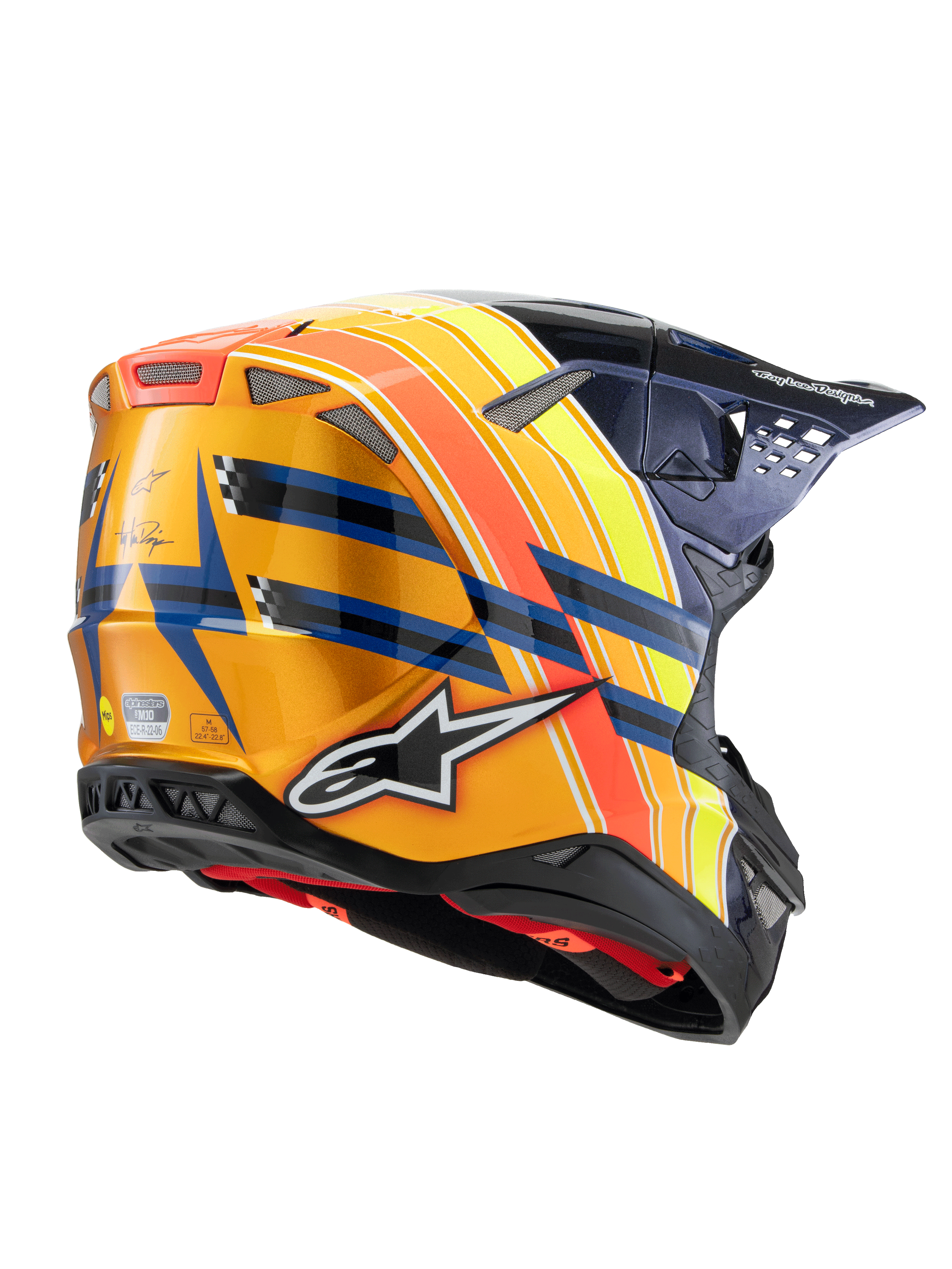 Alpinestars Supertech M10 TLD Edition 25 hjelm, motocross-hjelm, mørkeblå, orange og neon-gul med rød, set skråt bagfra med blank finish, tydeligt Alpinestars-logo, Troy Lee Designs-branding og integrerede ventilationsåbninger.