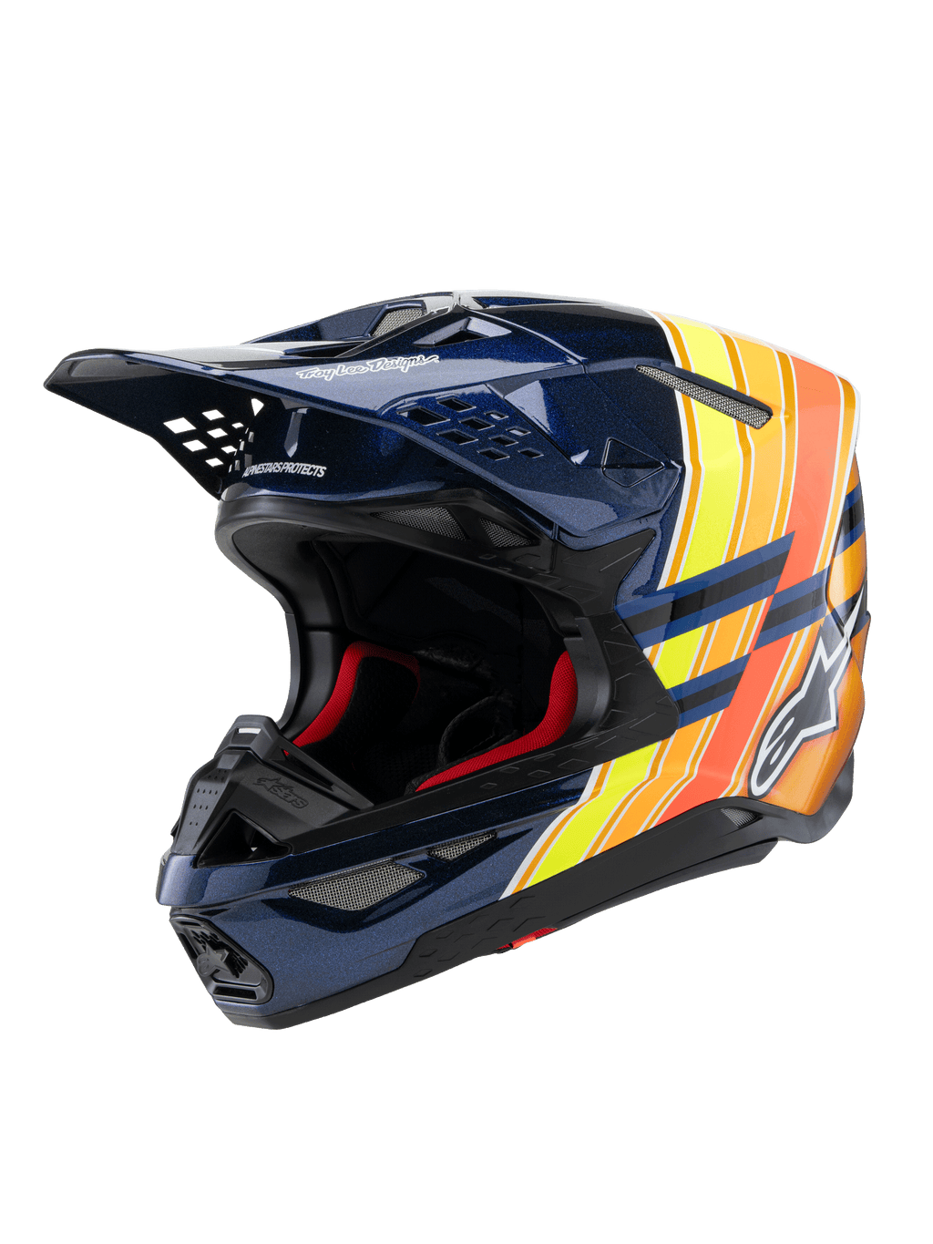 Alpinestars Supertech M10 TLD Edition 25 hjelm, motocross-hjelm, blank mørkeblå med orange og gul fluo-grafik, med rød indvendig polstring, aerodynamisk skal med flere ventilationsåbninger, Troy Lee Designs-branding på skyggen, professionelt off-road racingudstyr