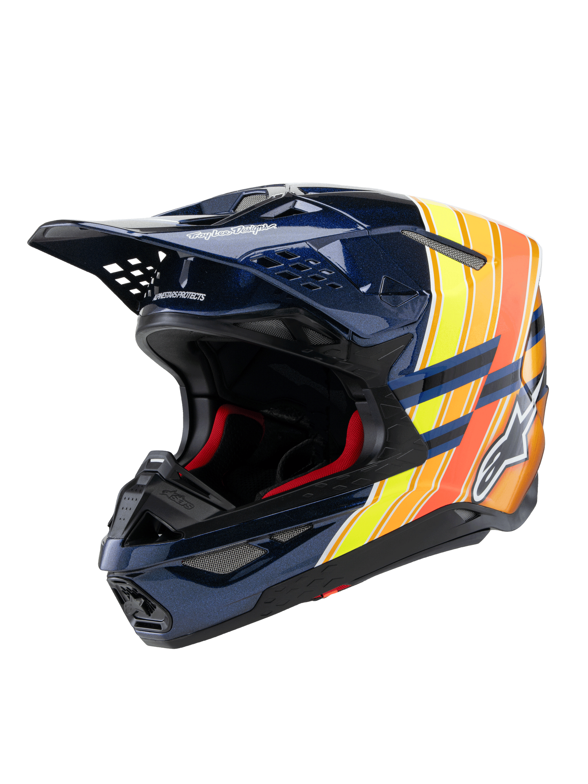 Alpinestars Supertech M10 TLD Edition 25 hjelm, motocross-hjelm, blank mørkeblå med orange og gul fluo-grafik, med rød indvendig polstring, aerodynamisk skal med flere ventilationsåbninger, Troy Lee Designs-branding på skyggen, professionelt off-road racingudstyr